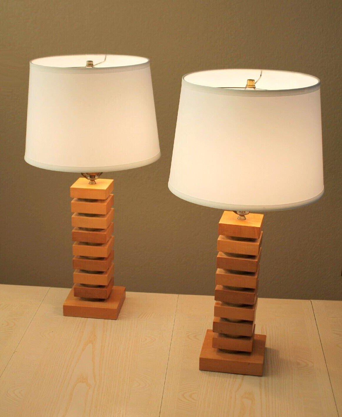 20th Century PAIR! ART DECO Maple & Brass STACKED 1940s Table Lamps Russel Wright Skyscraper For Sale