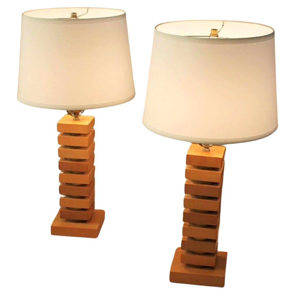 PAIR! ART DECO Maple & Brass STACKED 1940s Table Lamps Russel Wright Skyscraper For Sale