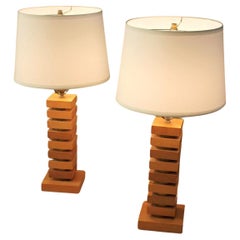 Retro PAIR! ART DECO Maple & Brass STACKED 1940s Table Lamps Russel Wright Skyscraper