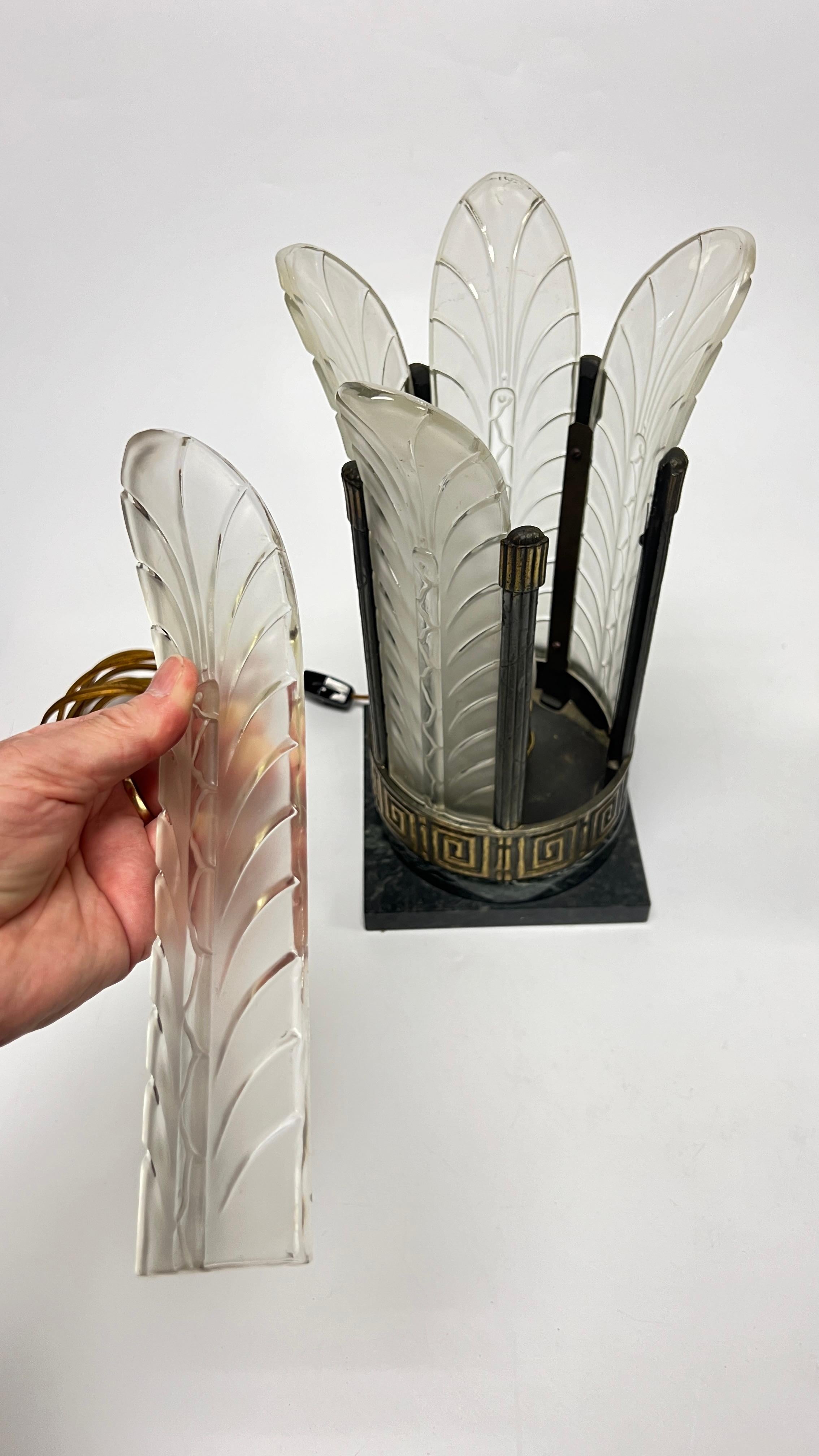 Pair Art Deco Marble and Frosted Glass Table Lamps with Palm Leaf Motif 9