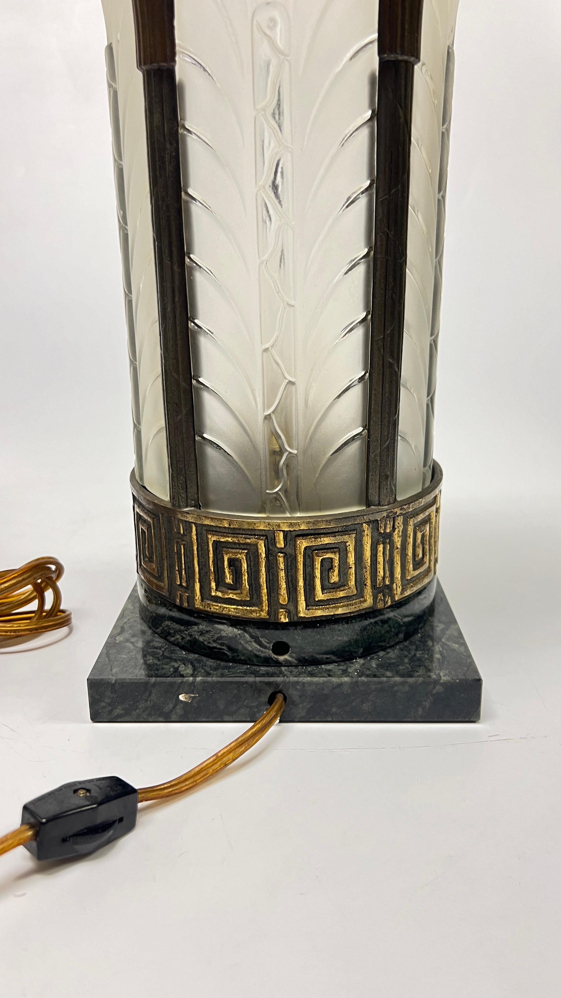 Pair Art Deco Marble and Frosted Glass Table Lamps with Palm Leaf Motif 12
