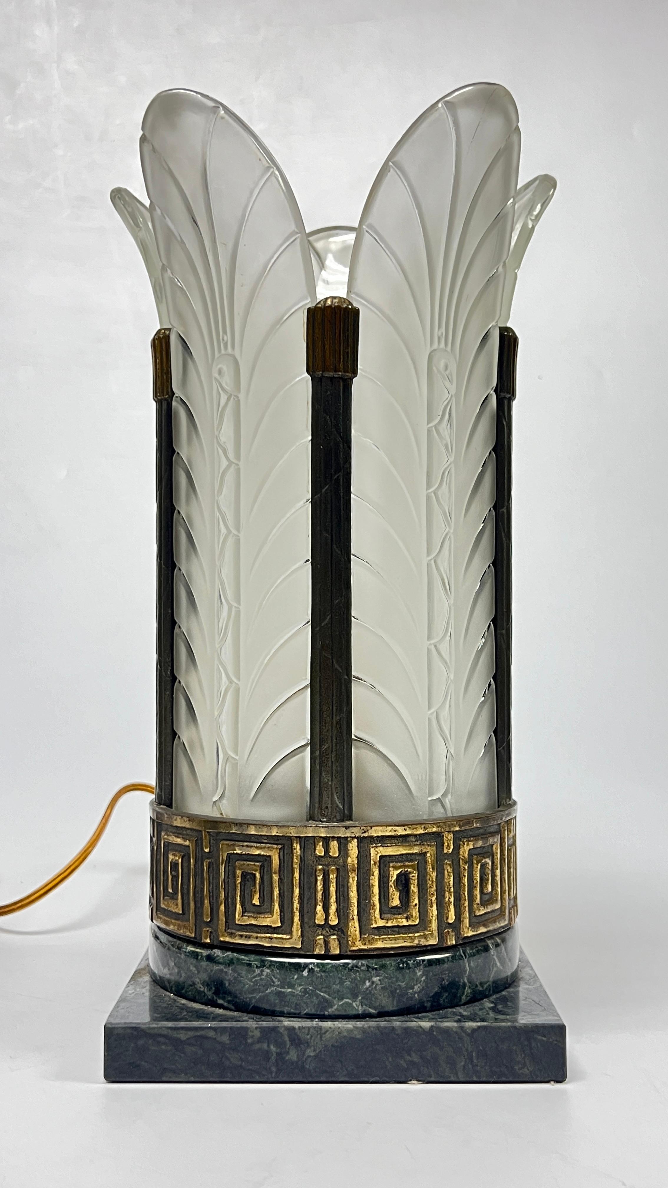 Pair Art Deco Marble and Frosted Glass Table Lamps with Palm Leaf Motif 14
