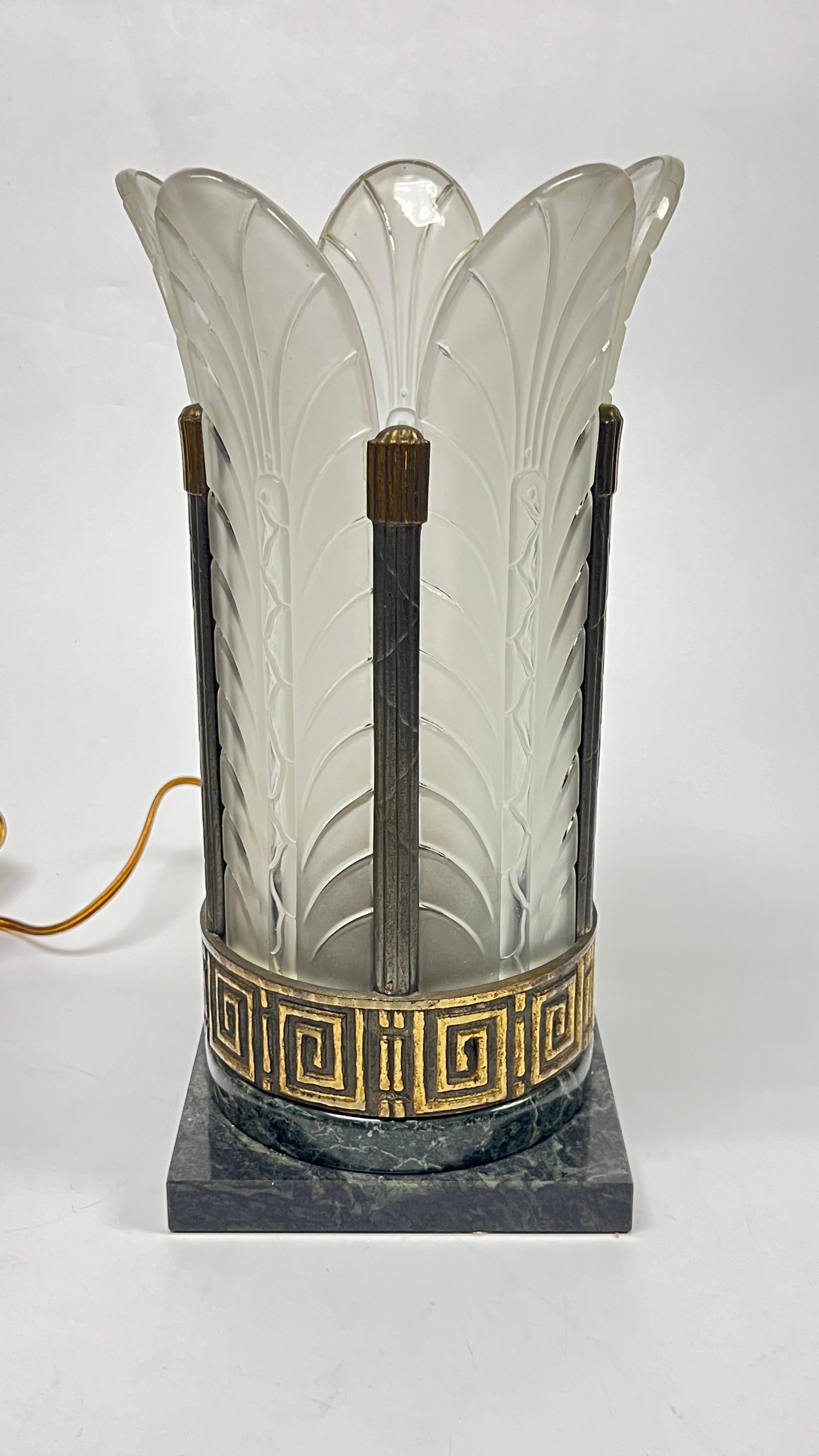 Pair Art Deco Marble and Frosted Glass Table Lamps with Palm Leaf Motif 15