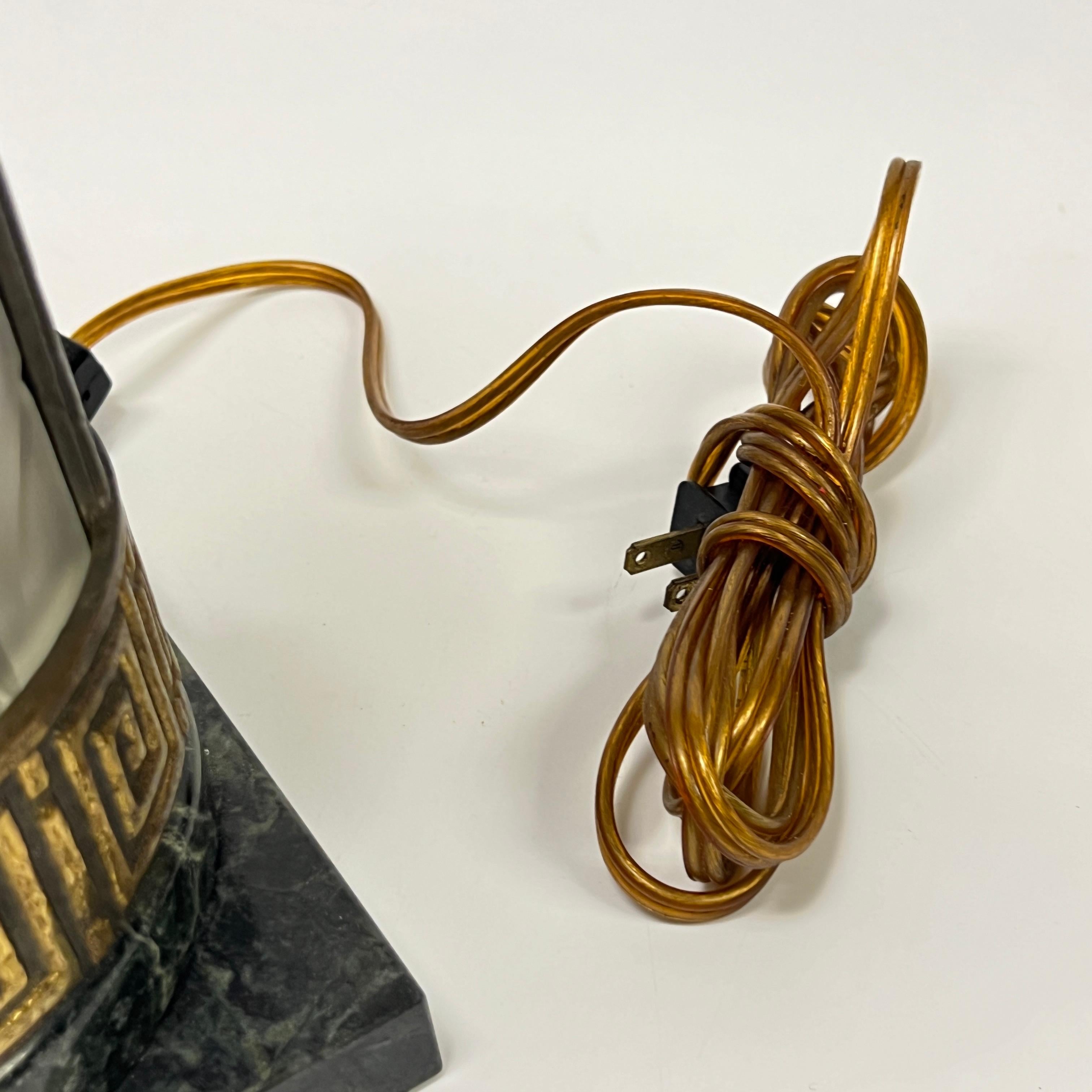 Pair Art Deco Marble and Frosted Glass Table Lamps with Palm Leaf Motif In Good Condition In New York, NY