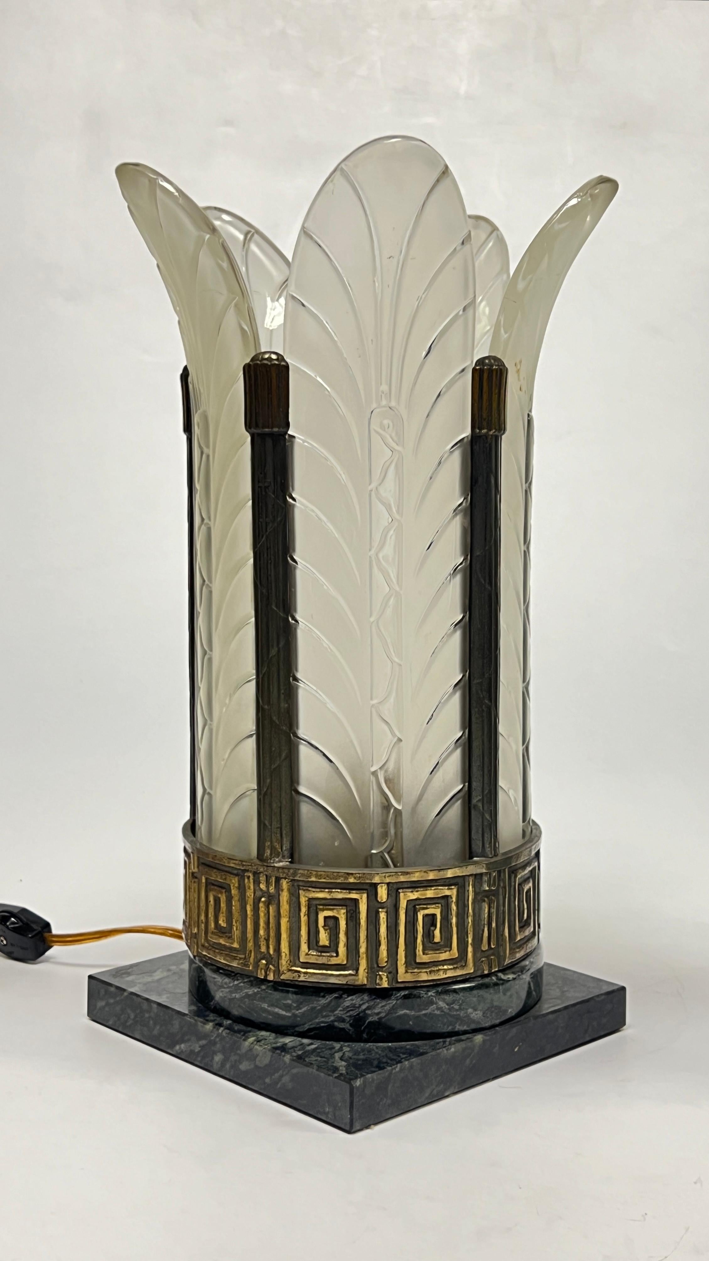 20th Century Pair Art Deco Marble and Frosted Glass Table Lamps with Palm Leaf Motif
