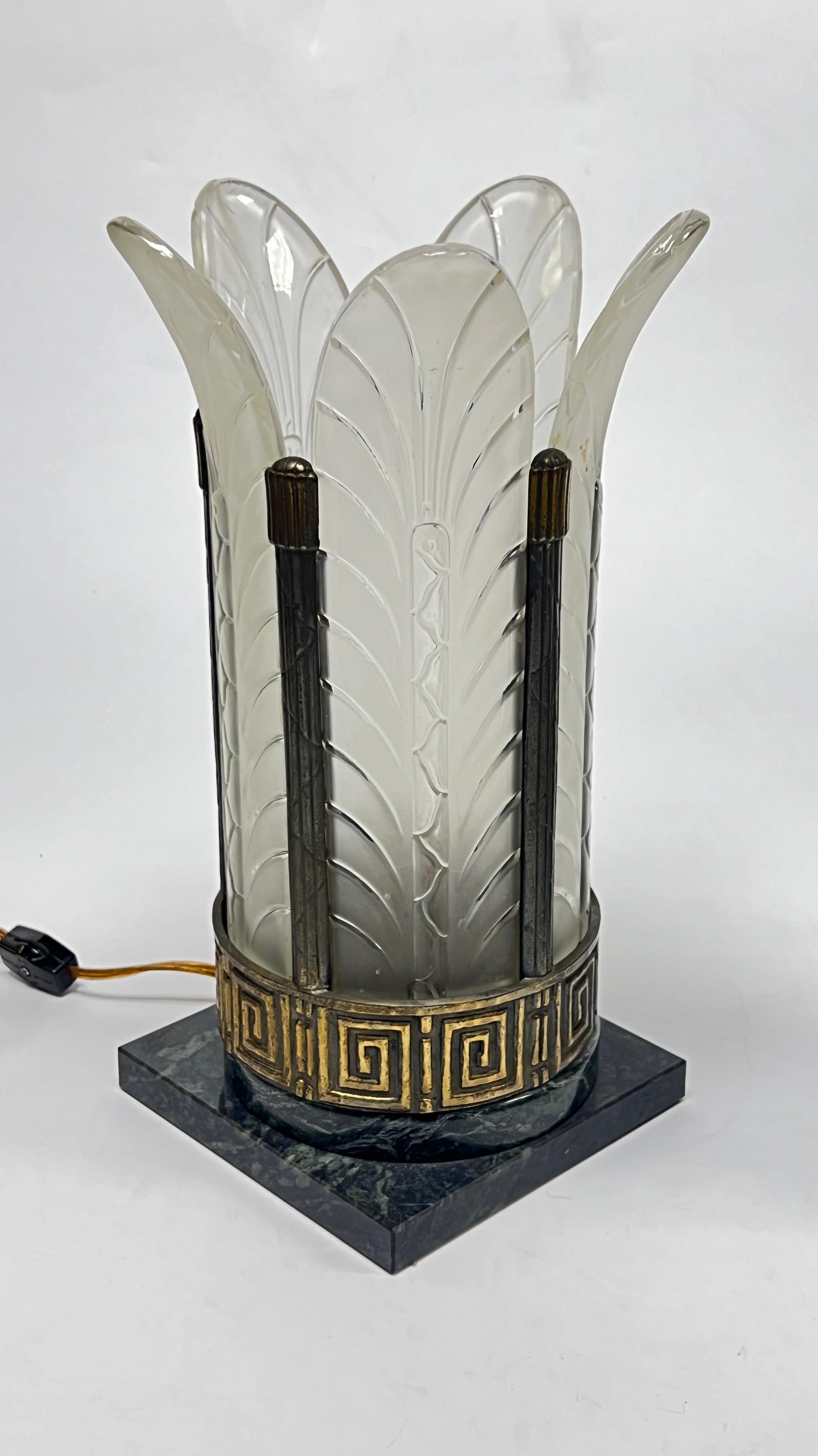 Pair Art Deco Marble and Frosted Glass Table Lamps with Palm Leaf Motif 1