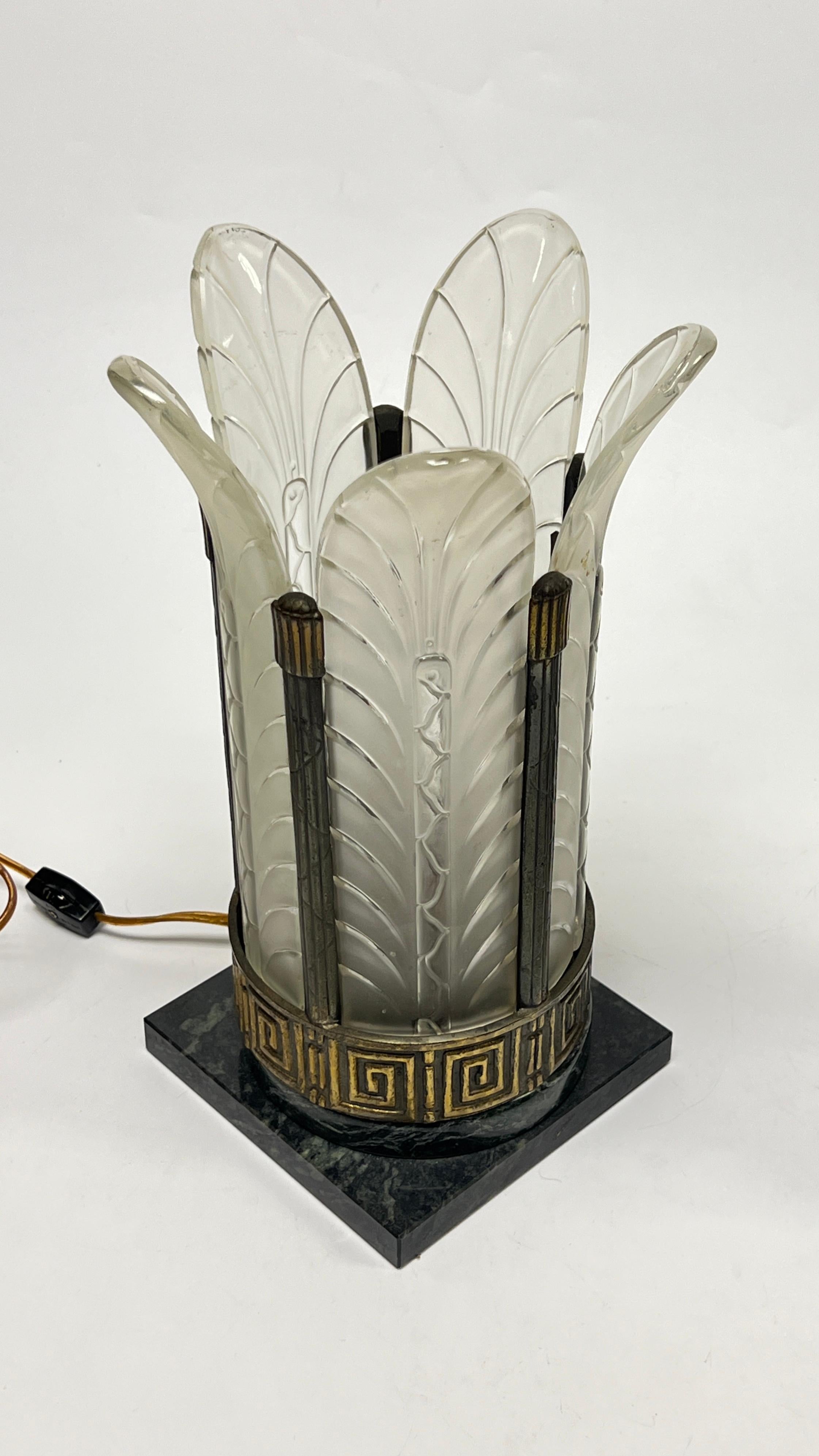 Pair Art Deco Marble and Frosted Glass Table Lamps with Palm Leaf Motif 2