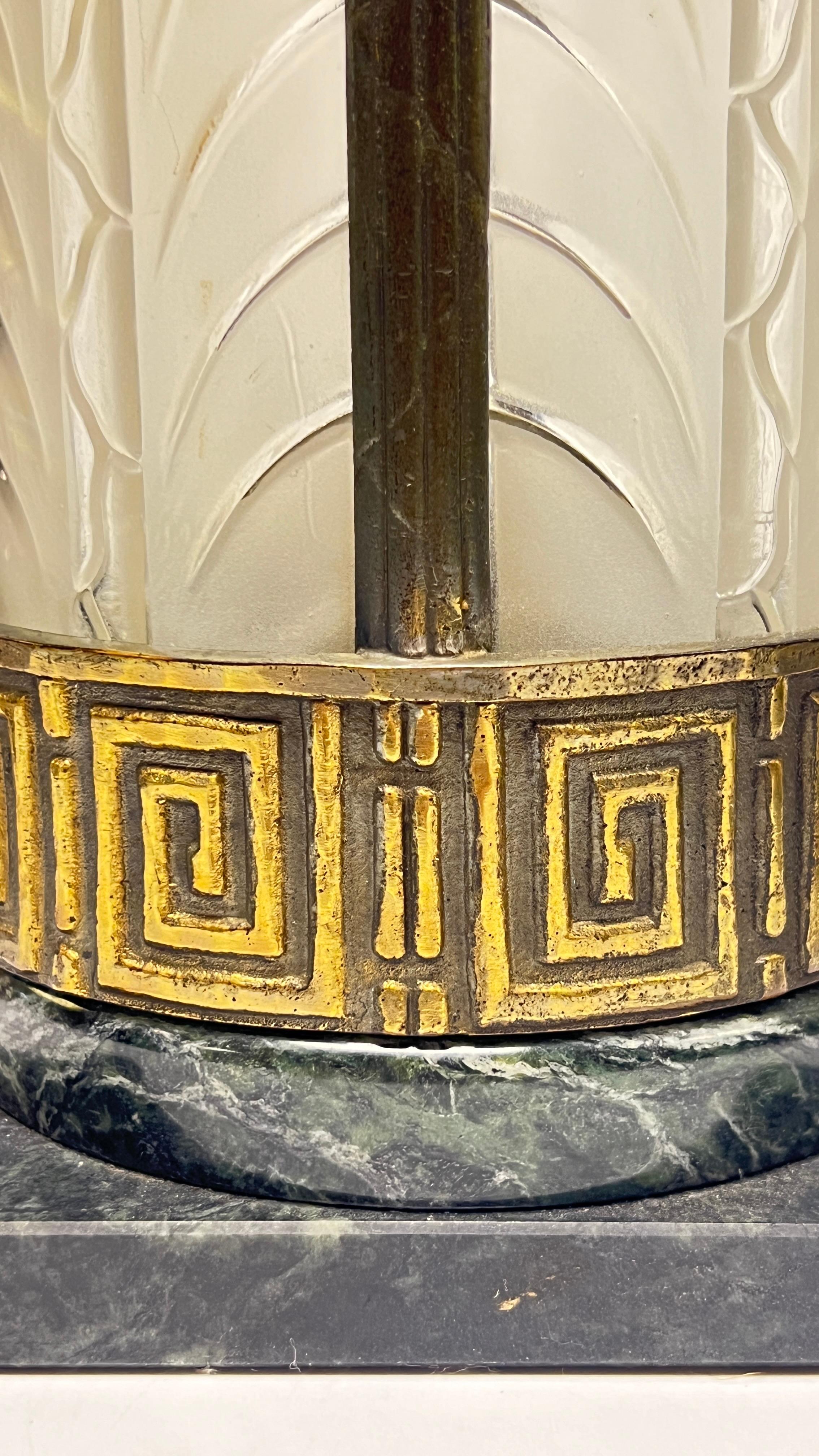 Pair Art Deco Marble and Frosted Glass Table Lamps with Palm Leaf Motif 4