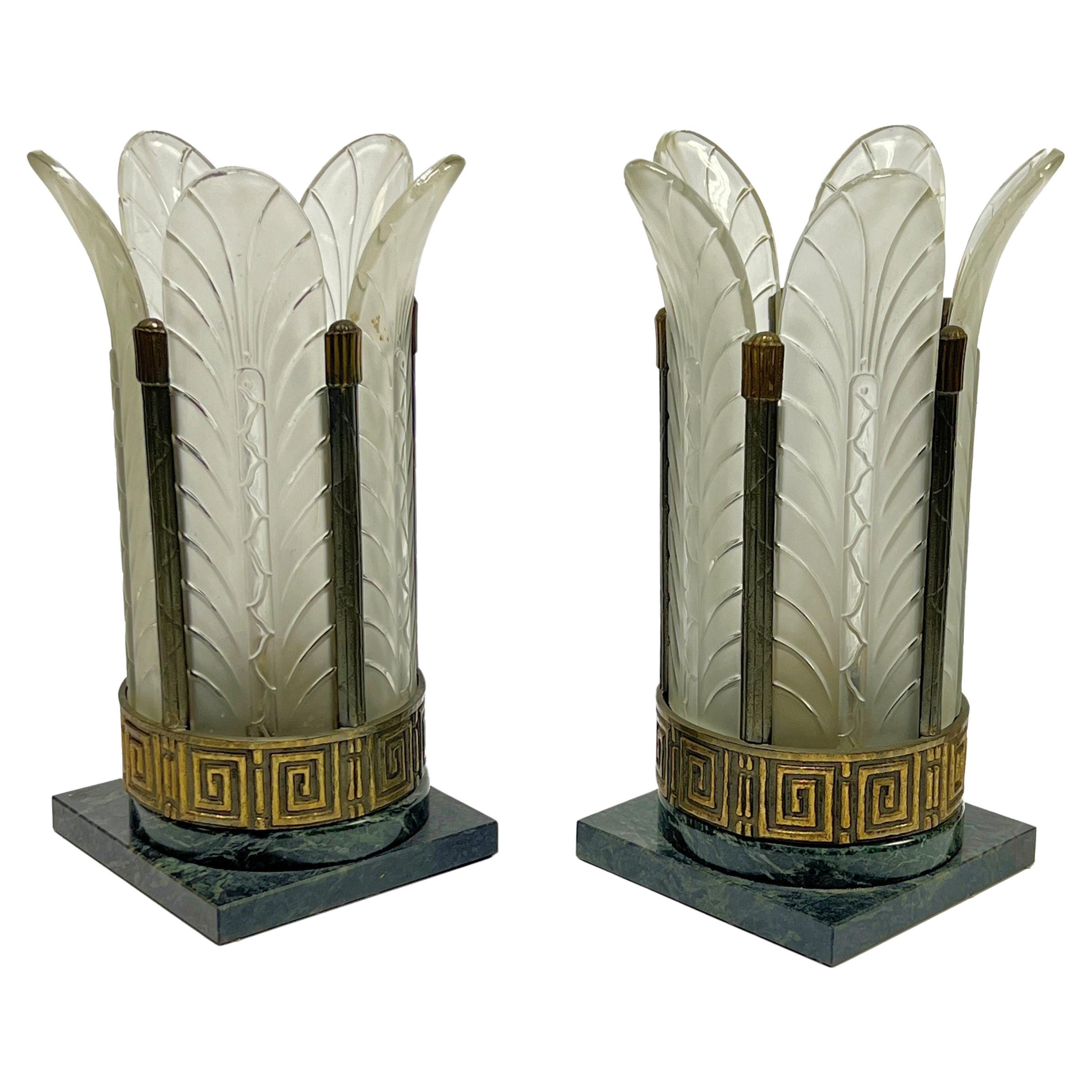 Pair Art Deco Marble and Frosted Glass Table Lamps with Palm Leaf Motif