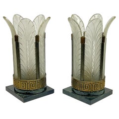 Antique Pair Art Deco Marble and Frosted Glass Table Lamps with Palm Leaf Motif