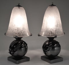 Pair of Art Deco Mistletoe Lamps Wrought Iron  Edgar Brandt & Daum France 1920
