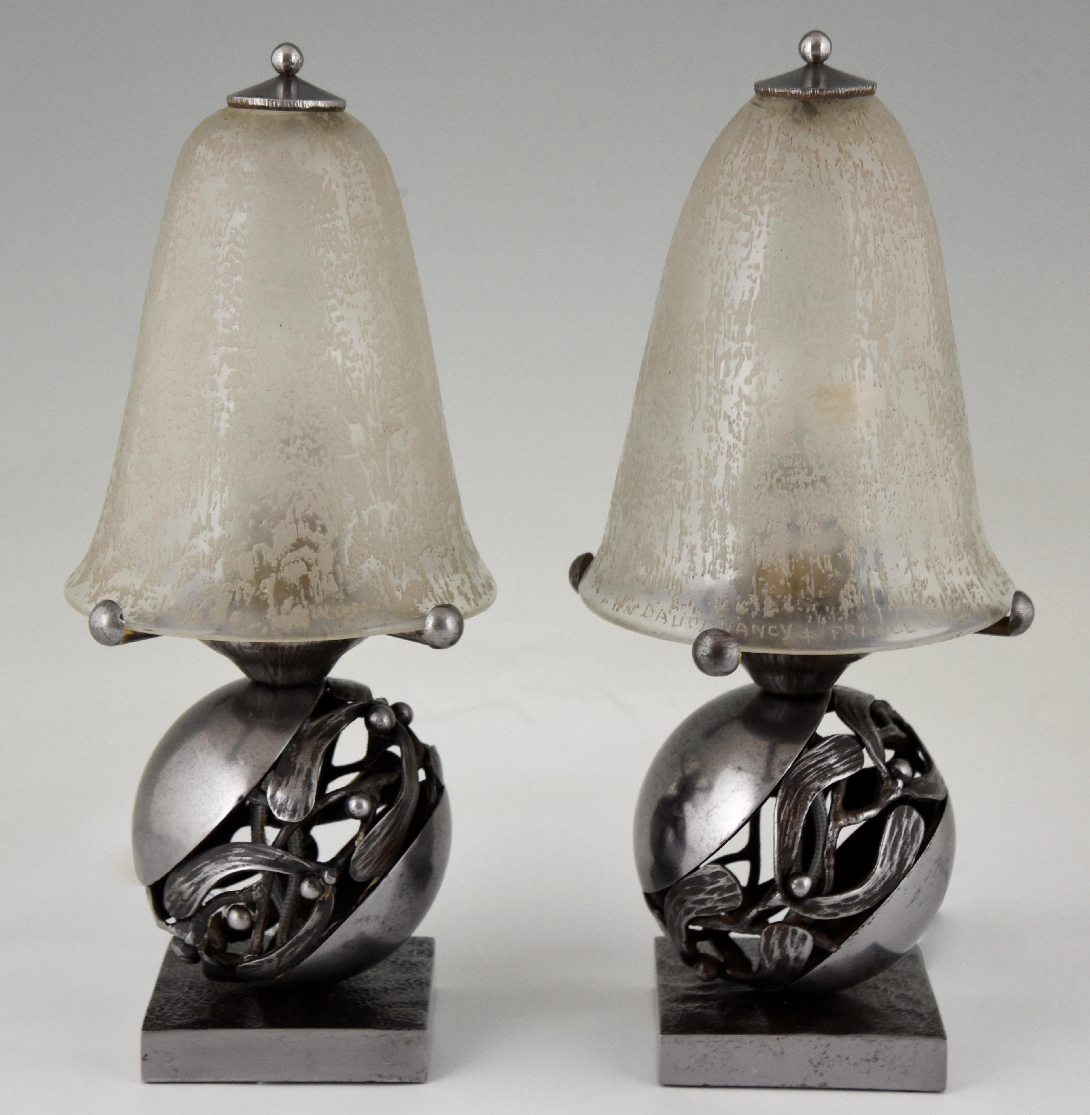 French Pair of Art Deco Mistletoe Lamps Wrought Iron  Edgar Brandt & Daum France 1920