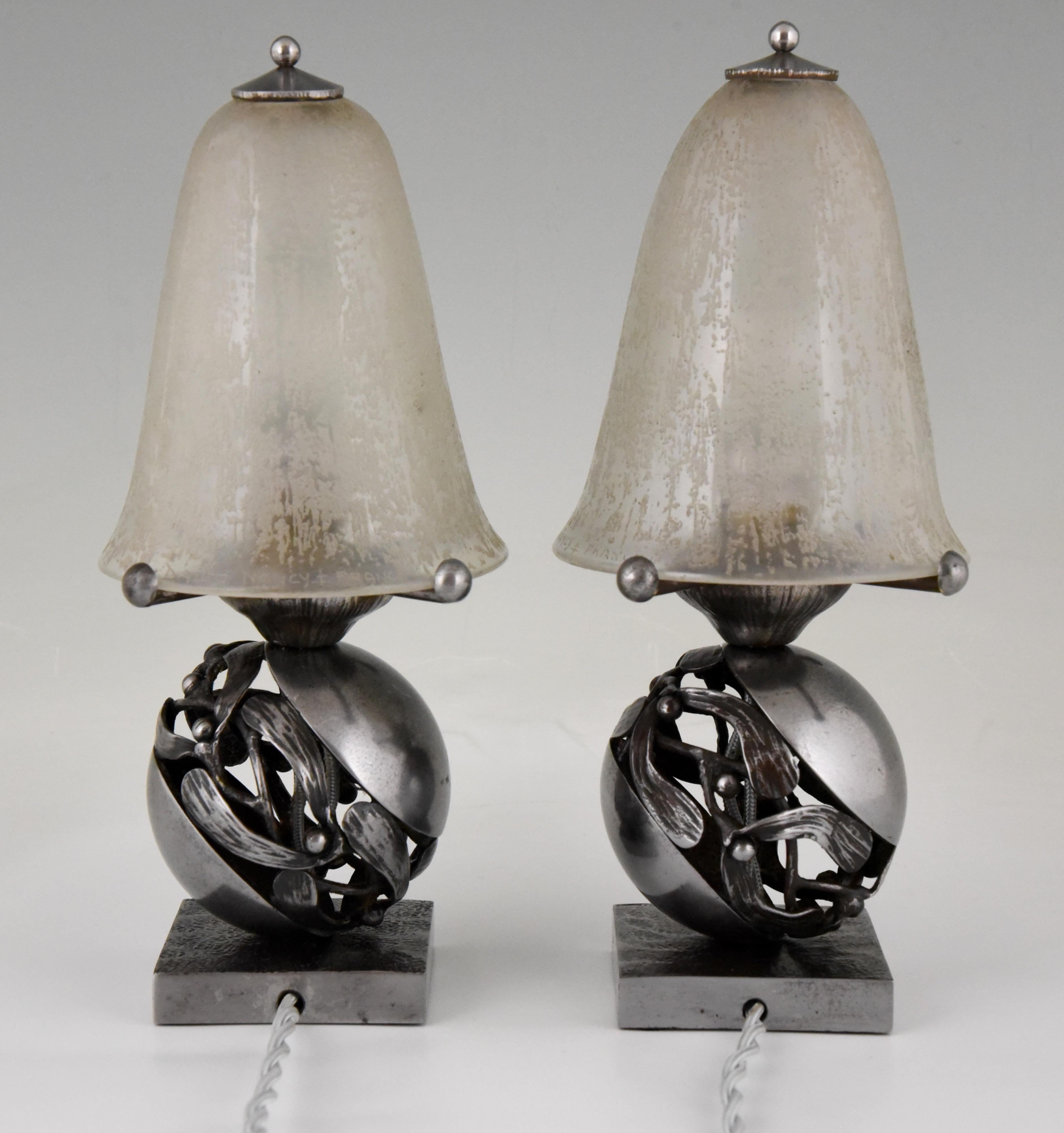 Etched Pair of Art Deco Mistletoe Lamps Wrought Iron  Edgar Brandt & Daum France 1920