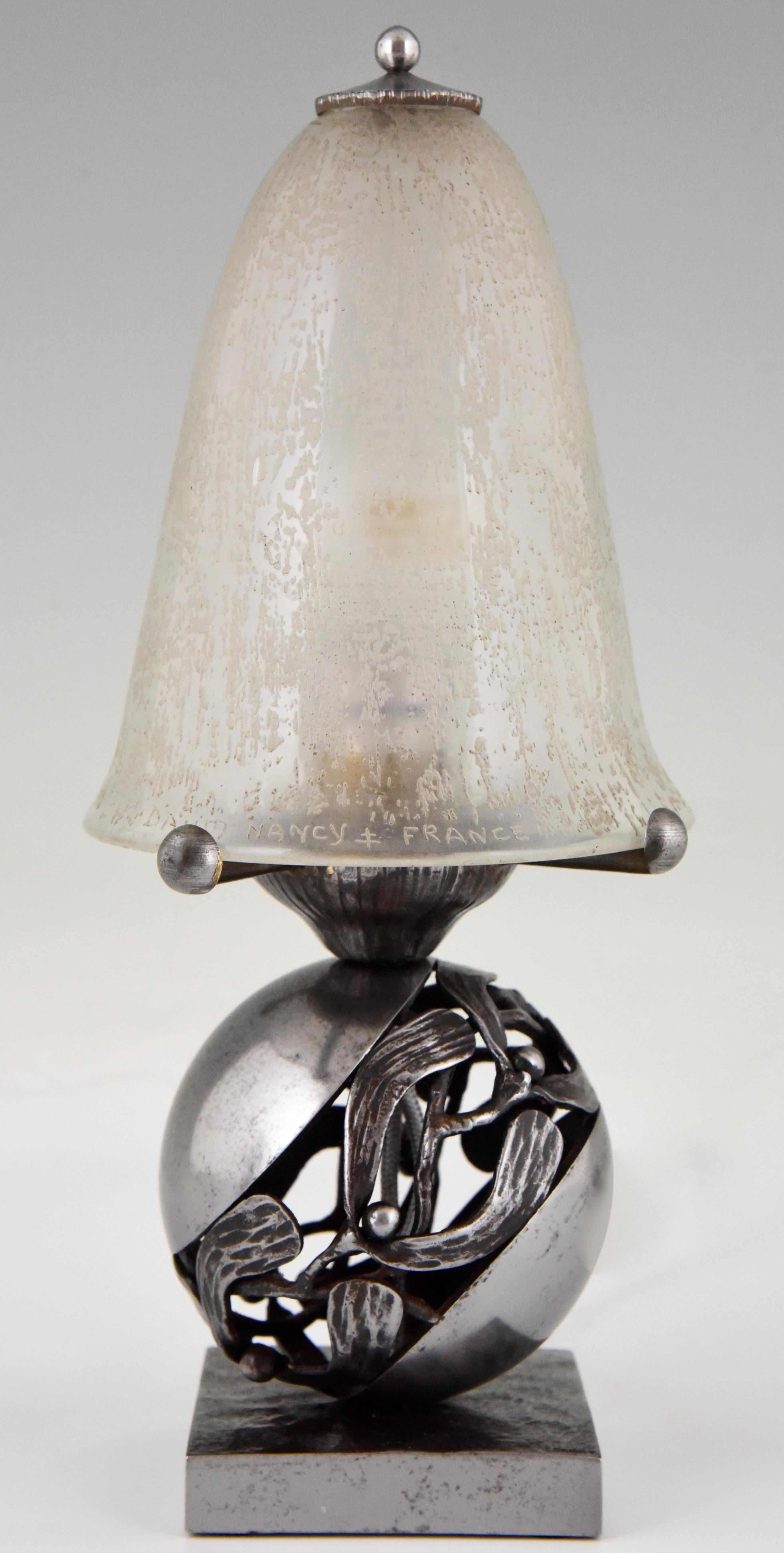 Pair of Art Deco Mistletoe Lamps Wrought Iron  Edgar Brandt & Daum France 1920 1