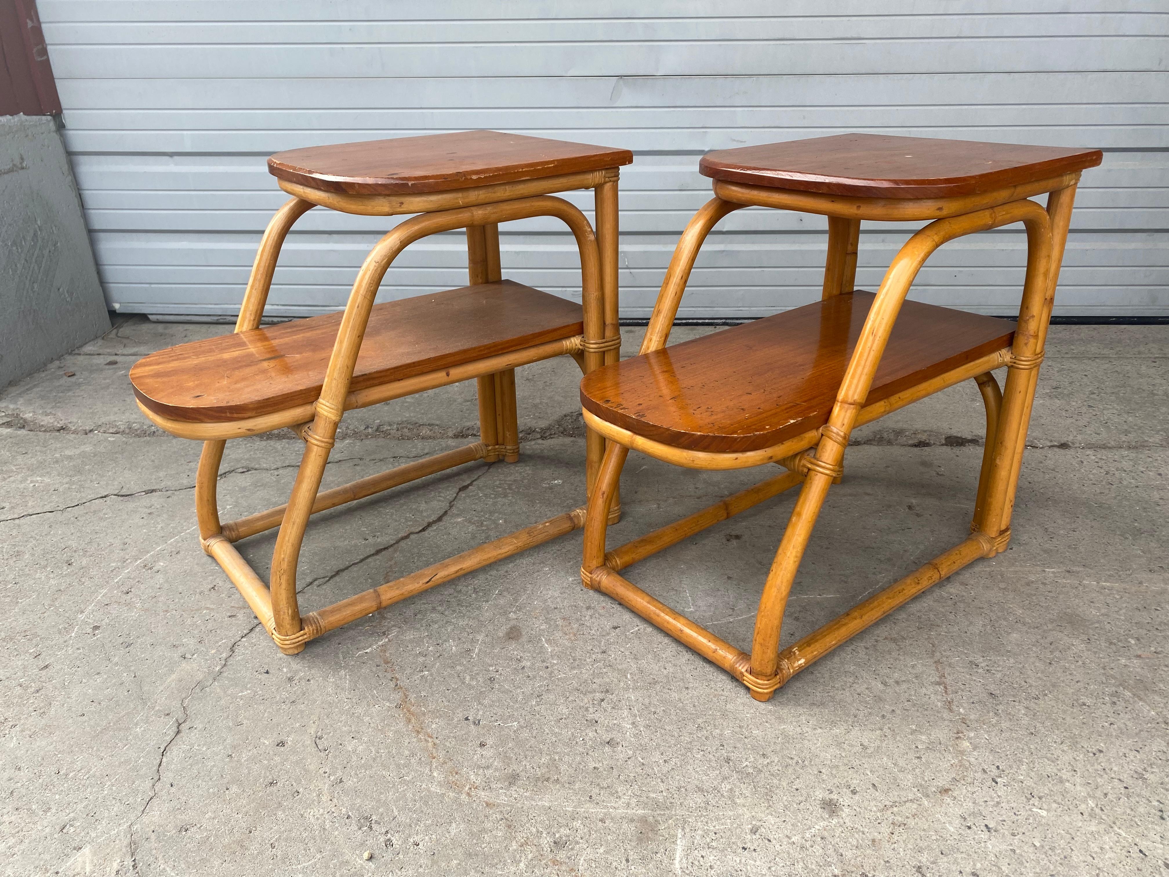 Pair Art Deco / Modernist bamboo step end tables by Rattan Art, Philippines, Amazing quality, Great design. Very reminiscent of the classic Bamboo designed by Paul Frankl.