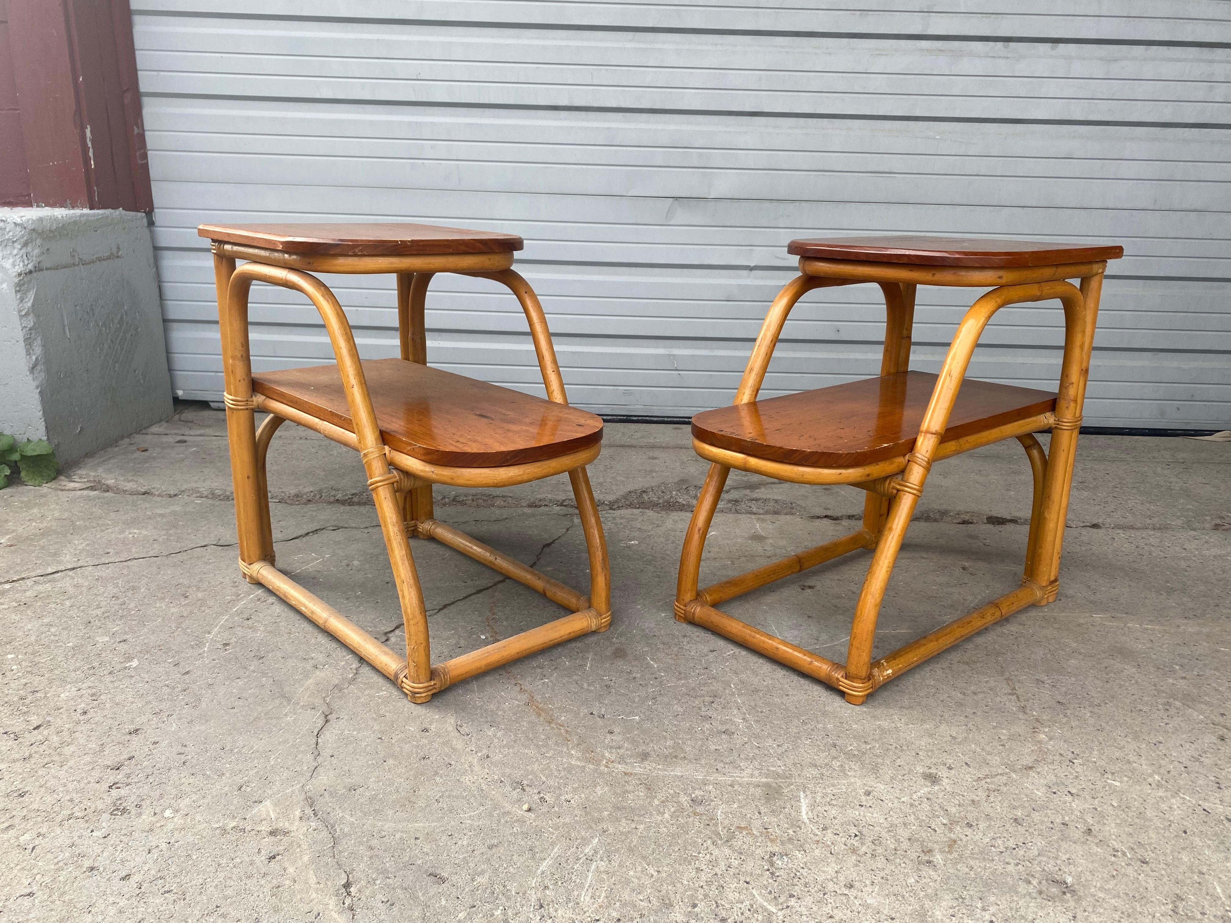 Pair Art Deco / Modernist Bamboo Step End Tables by Rattan Art, Philippines In Good Condition For Sale In Buffalo, NY
