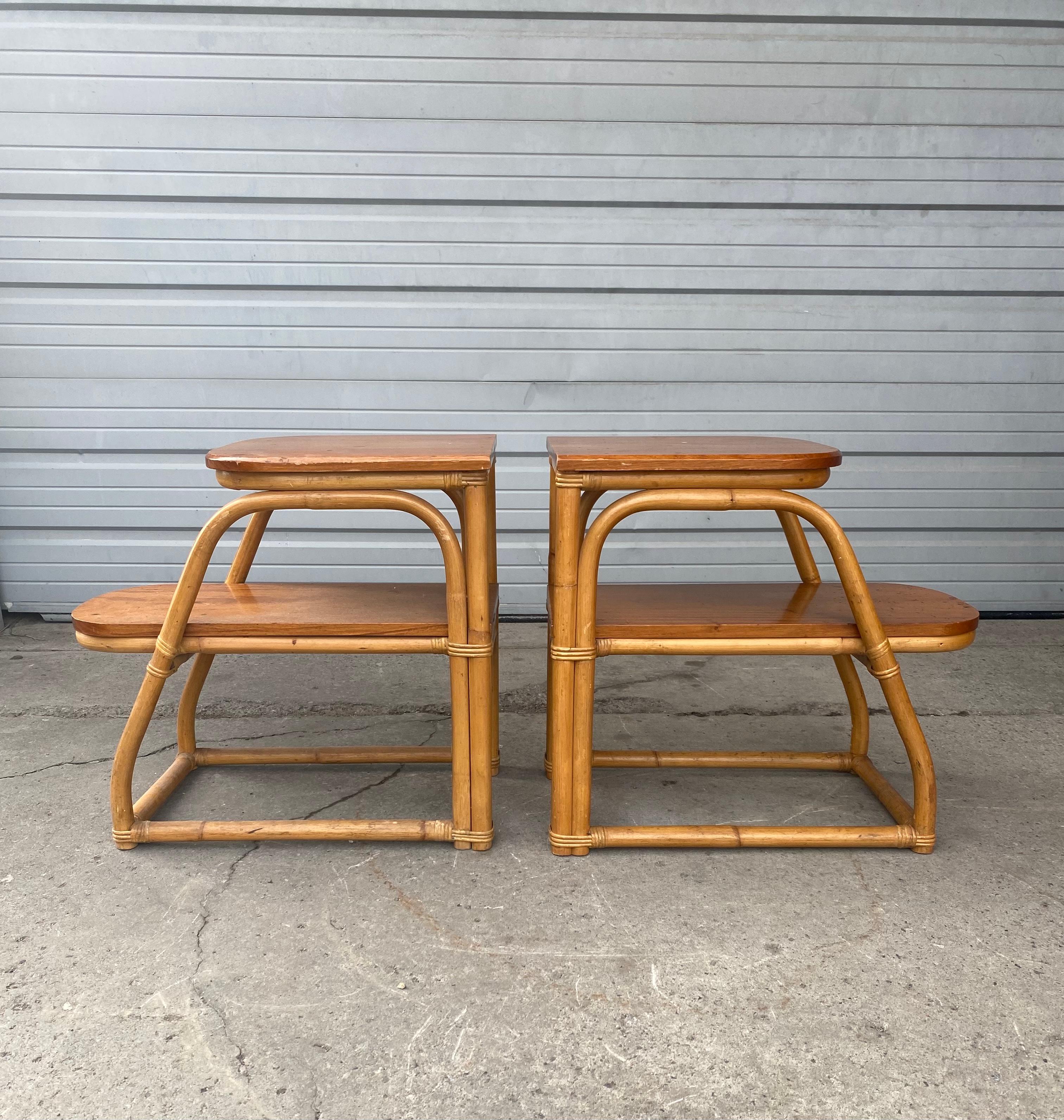 Mid-20th Century Pair Art Deco / Modernist Bamboo Step End Tables by Rattan Art, Philippines For Sale