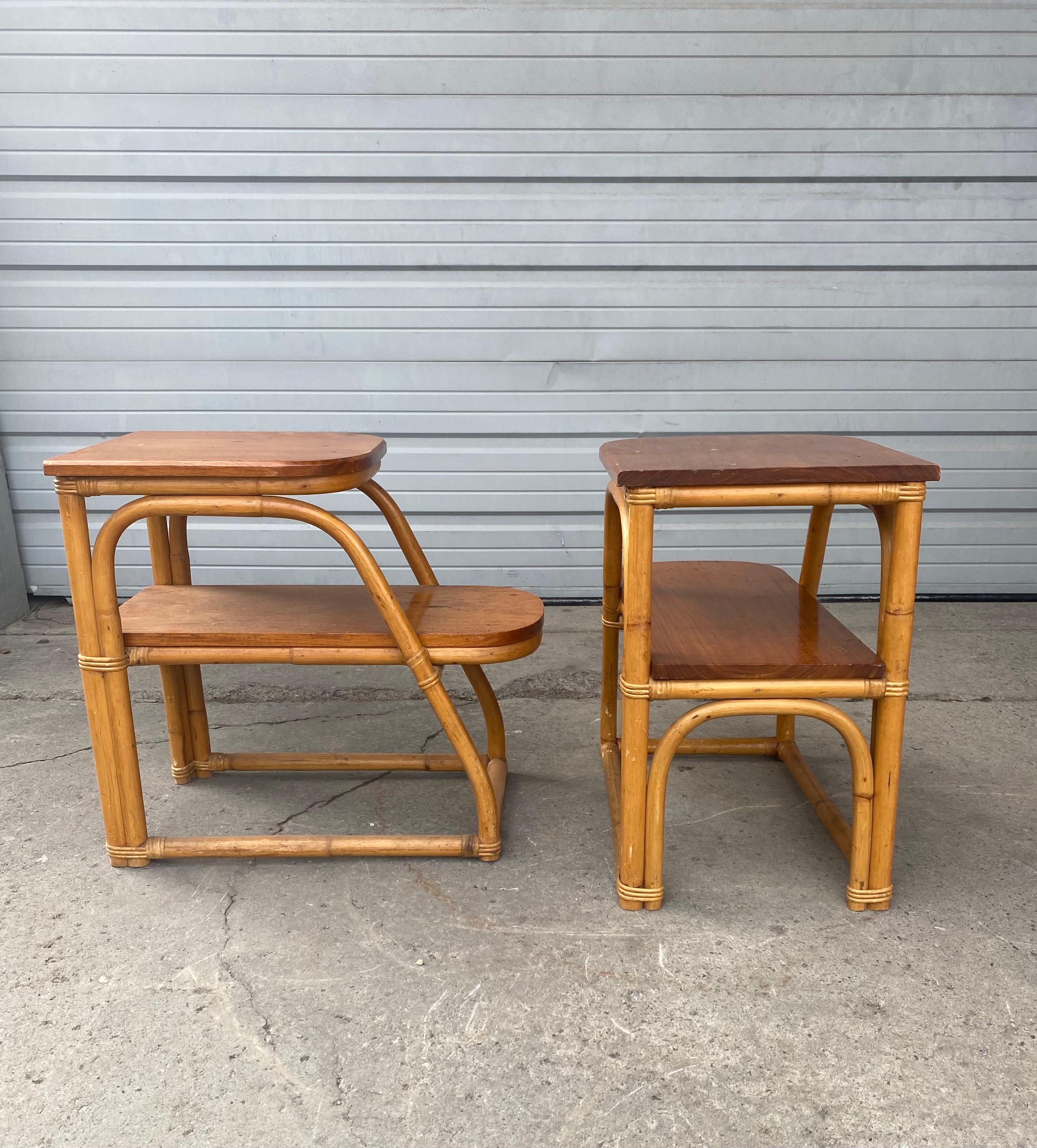 Pair Art Deco / Modernist Bamboo Step End Tables by Rattan Art, Philippines For Sale 1