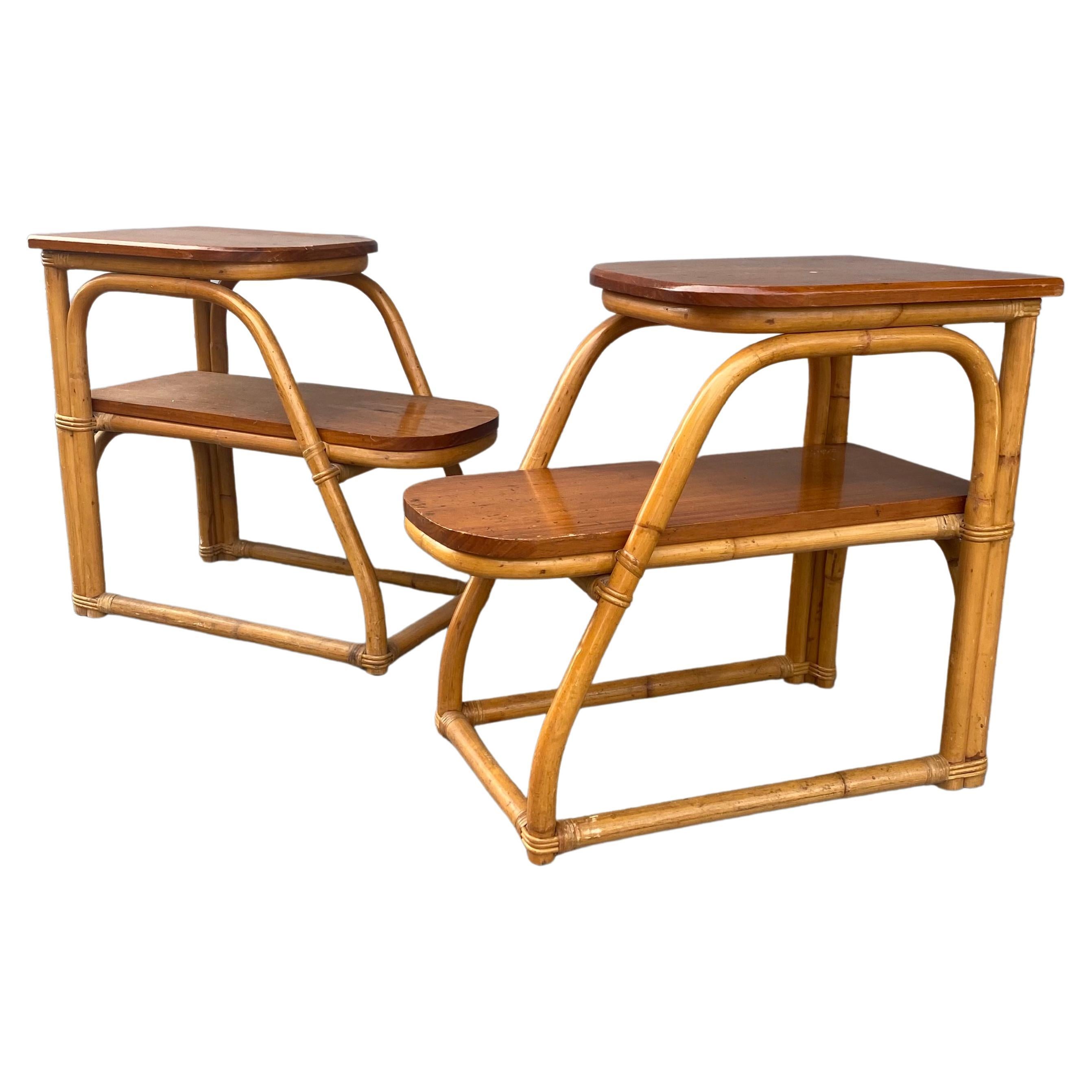 Pair Art Deco / Modernist Bamboo Step End Tables by Rattan Art, Philippines For Sale