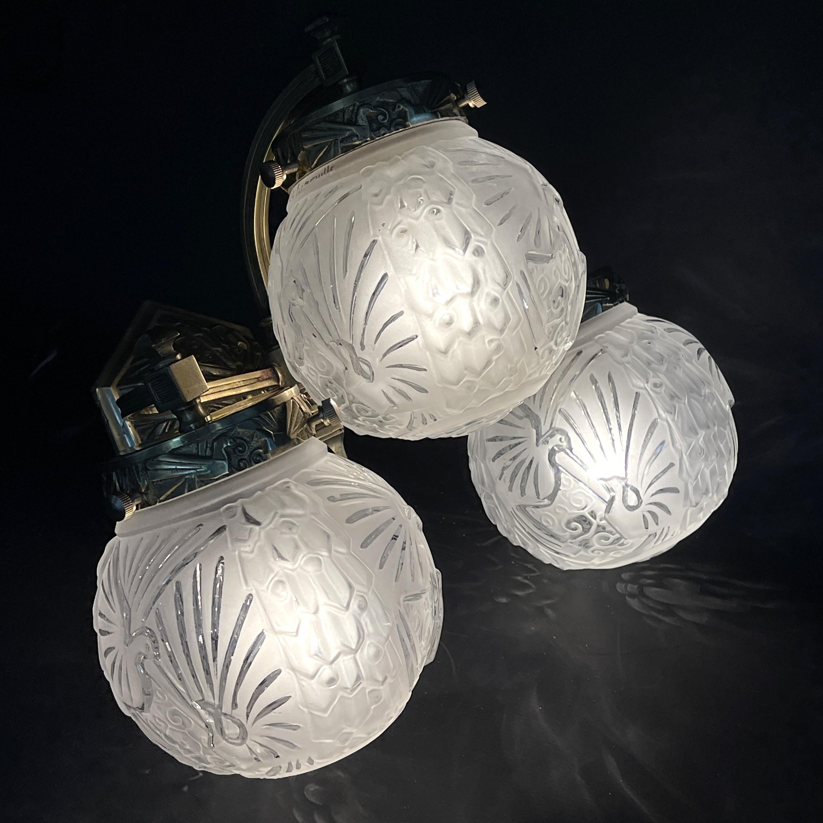 Pair ART DECO Muller Frères sconces with peacock motif wall applique lamps 30s For Sale 3