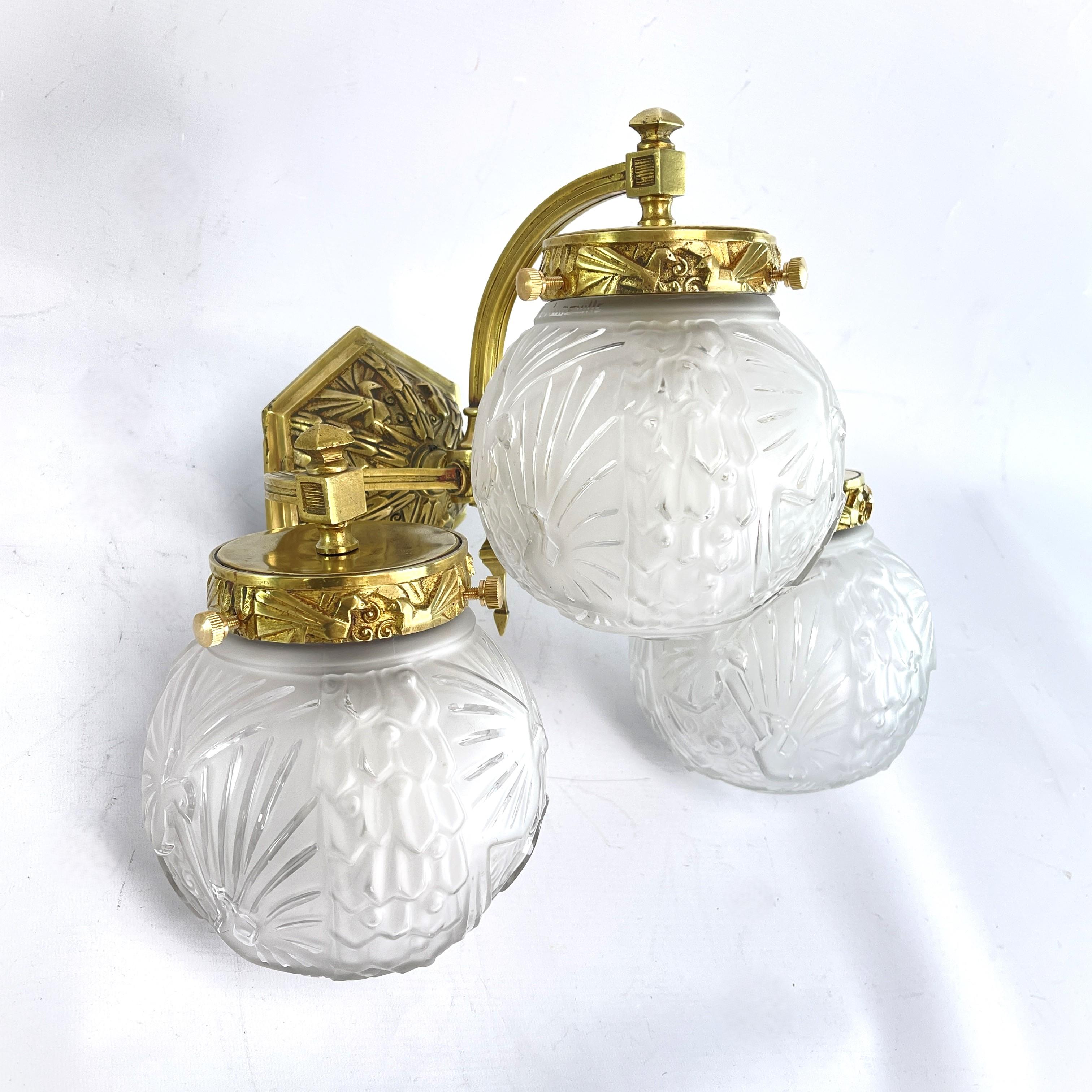 Art Deco Pair ART DECO Muller Frères sconces with peacock motif wall applique lamps 30s For Sale