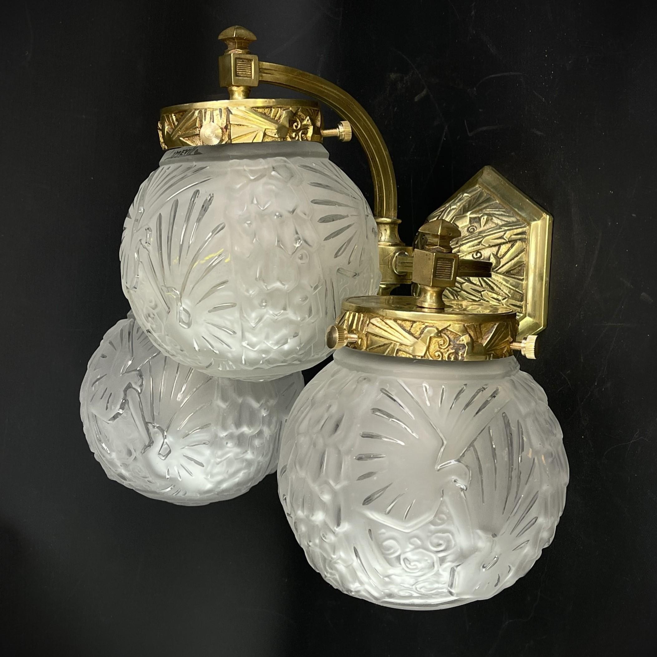 European Pair ART DECO Muller Frères sconces with peacock motif wall applique lamps 30s For Sale