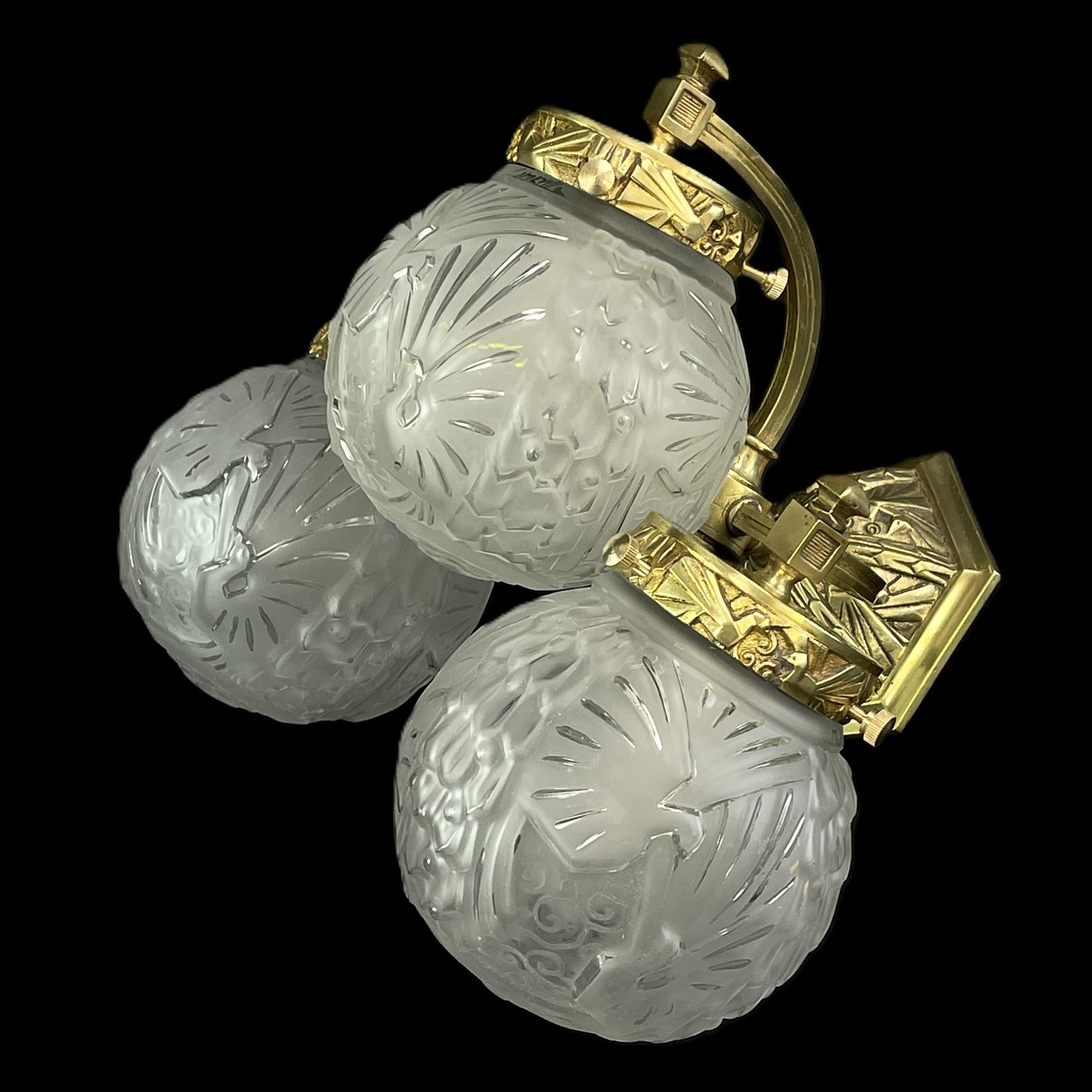 Early 20th Century Pair ART DECO Muller Frères sconces with peacock motif wall applique lamps 30s For Sale