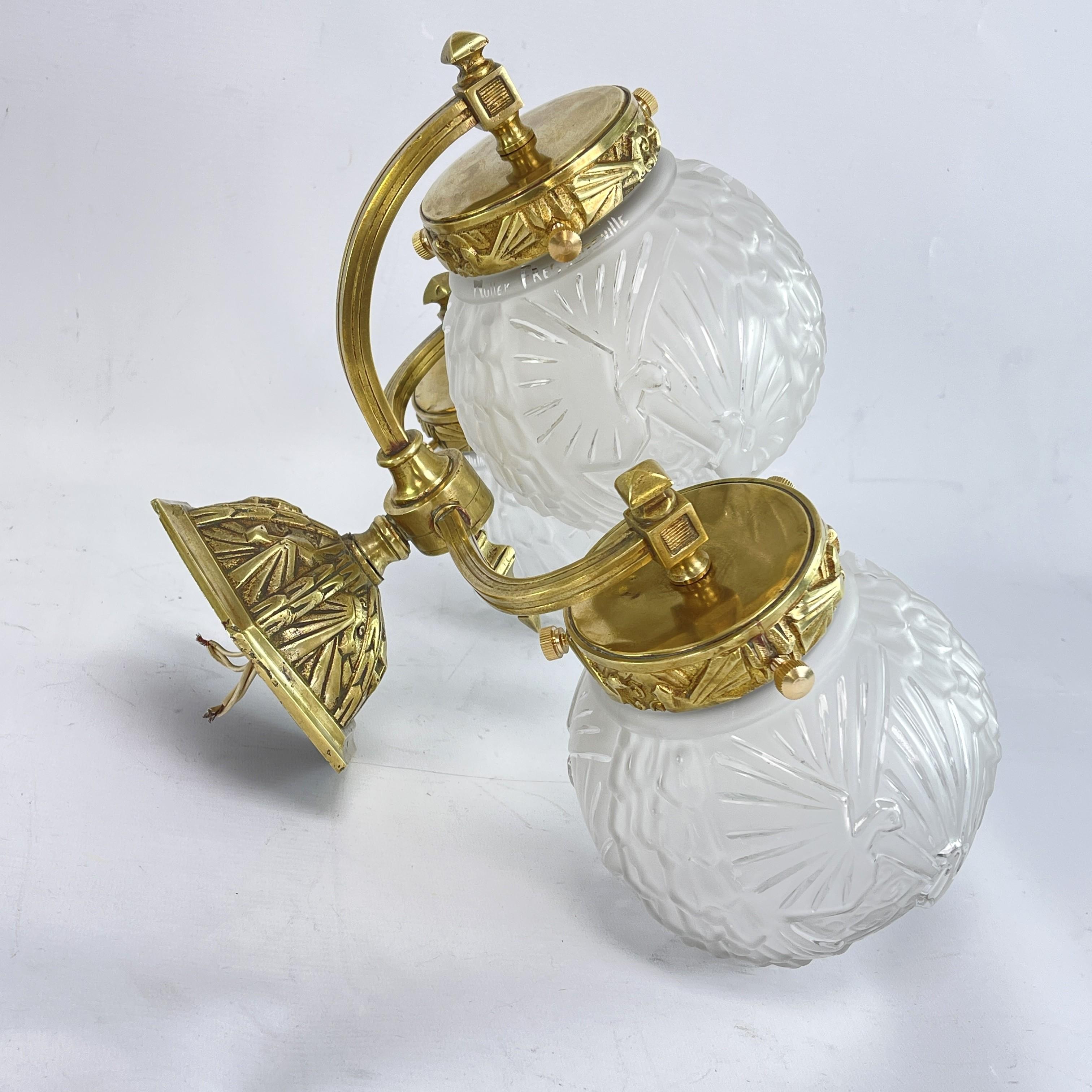 Glass Pair ART DECO Muller Frères sconces with peacock motif wall applique lamps 30s For Sale