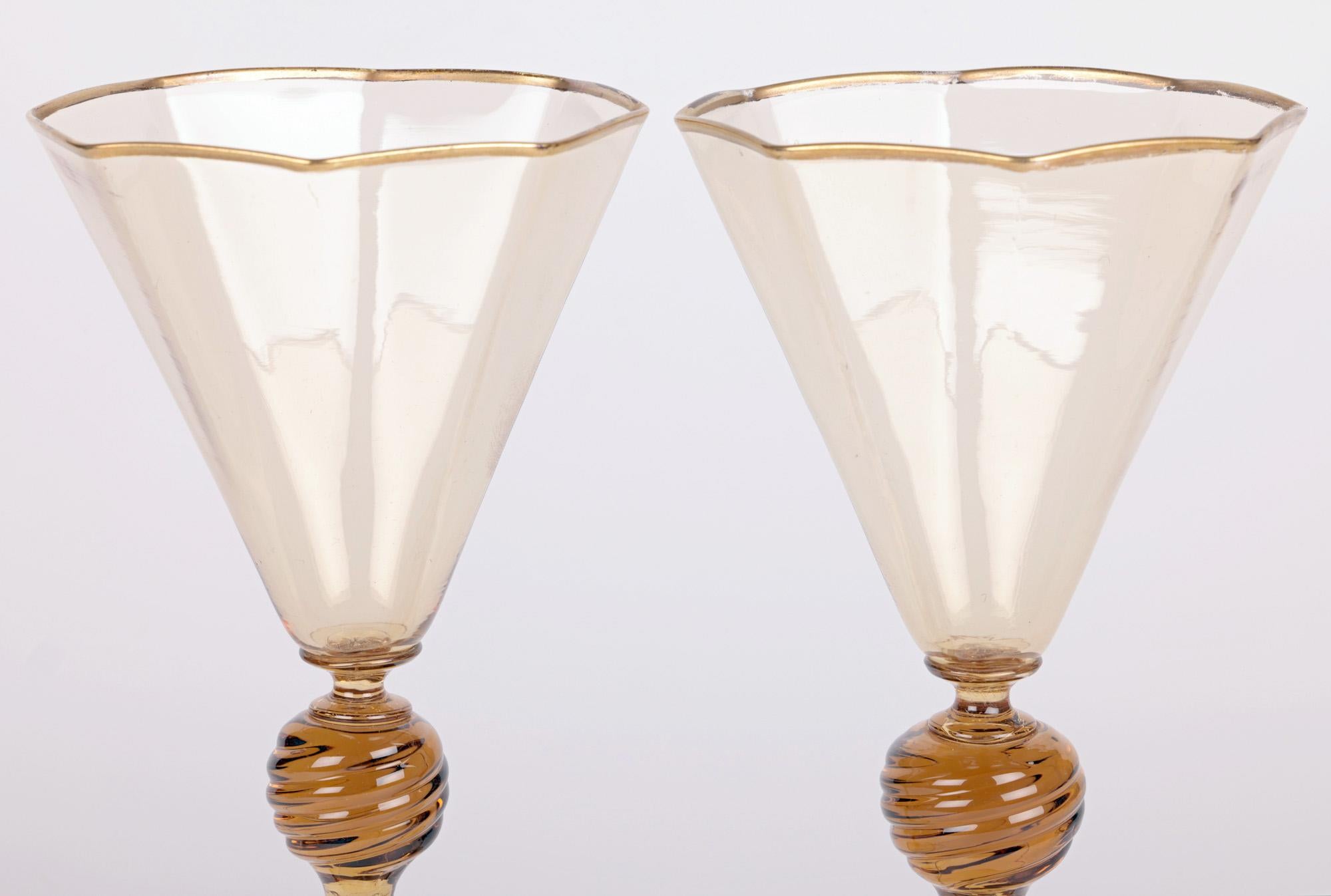 Pair Art Deco Murano MVM Cappellin Amber Wine Glasses, circa 1925 For Sale 5