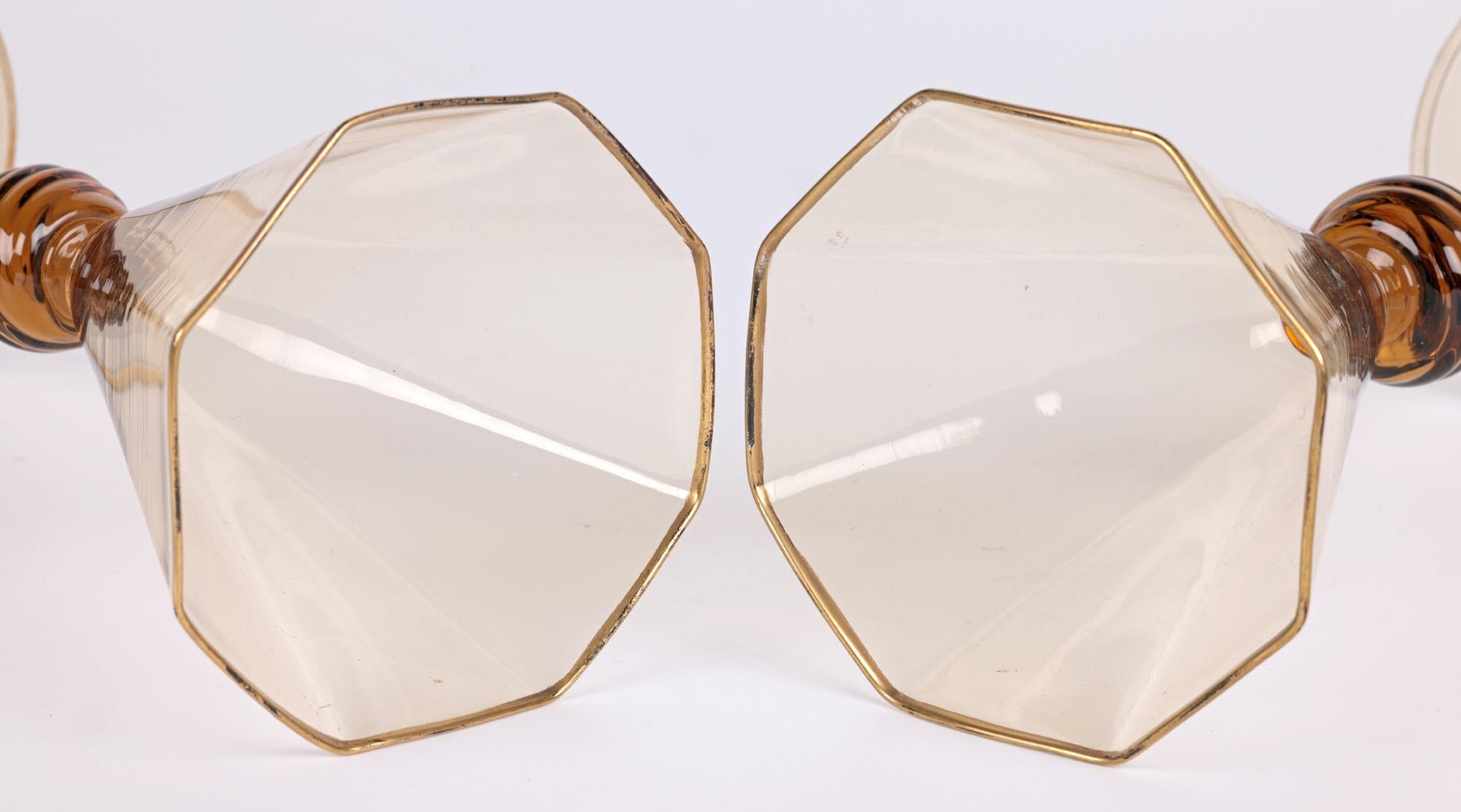 Hand-Crafted Pair Art Deco Murano MVM Cappellin Amber Wine Glasses, circa 1925 For Sale