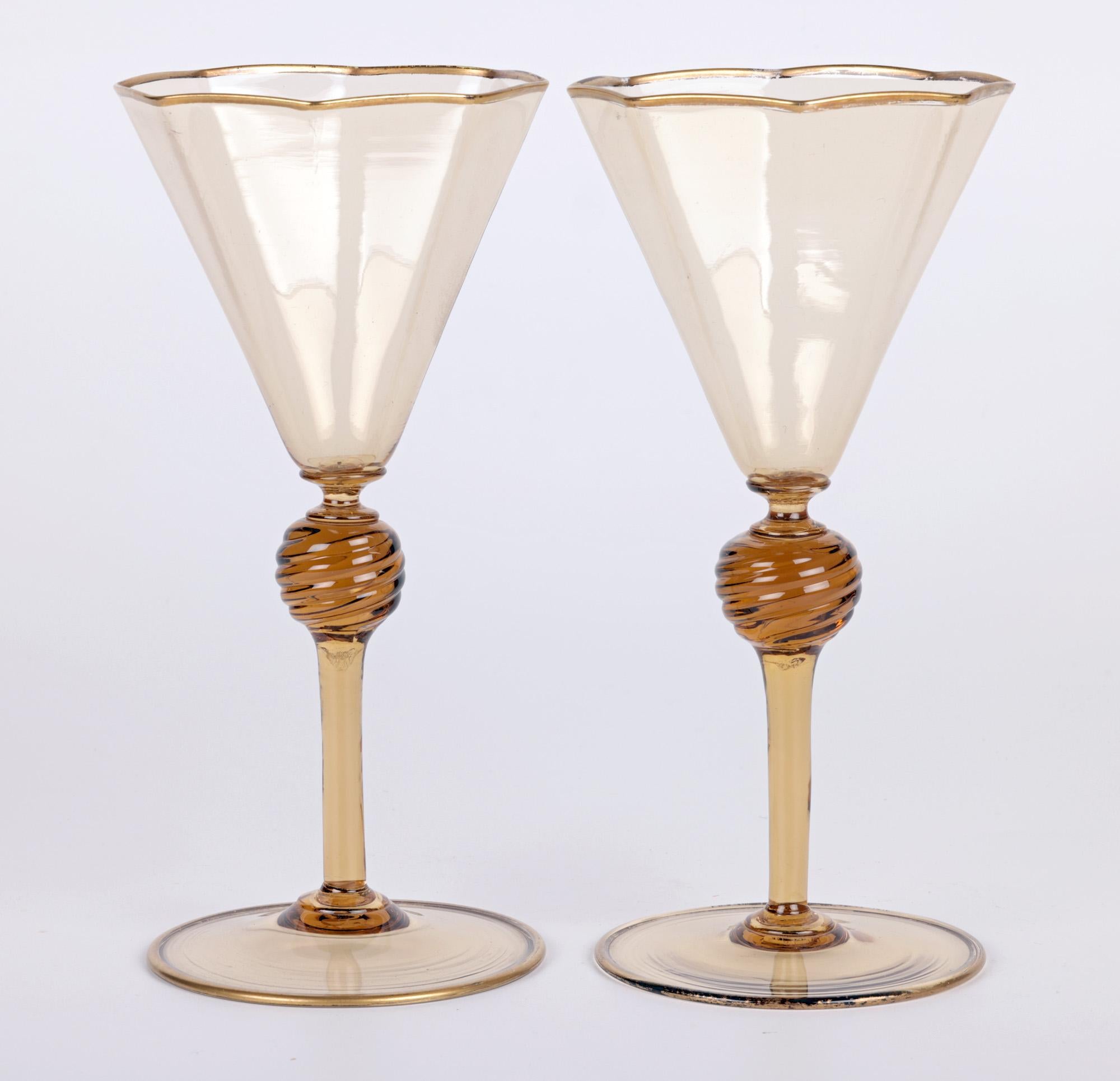 Early 20th Century Pair Art Deco Murano MVM Cappellin Amber Wine Glasses, circa 1925 For Sale
