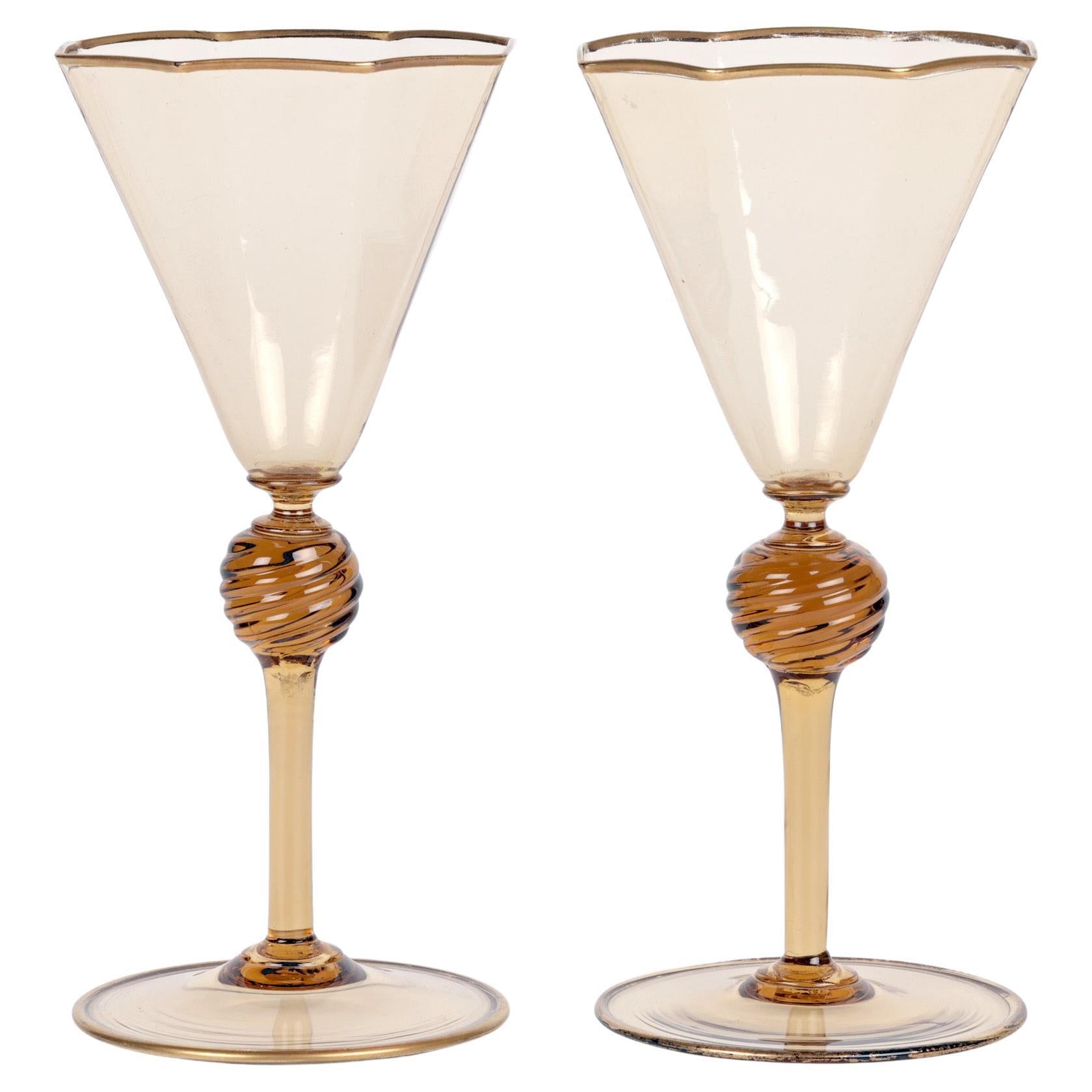 Pair Art Deco Murano MVM Cappellin Amber Wine Glasses, circa 1925 For Sale