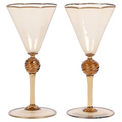 Antique Pair Art Deco Murano MVM Cappellin Amber Wine Glasses, circa 1925