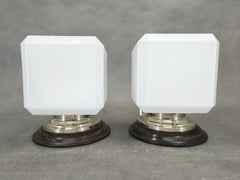 Pair Art Deco Nickel Wall Lights with Milky Glass, 1930s
