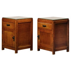 Pair Art Deco Nightstands or Bedside tables Oak and Glass, Dutch, 1930
s