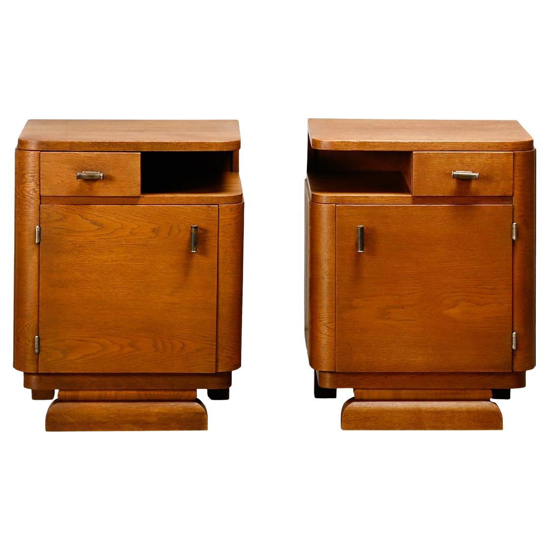 Pair Art Deco Nightstands or Bedside tables Oak and Glass, Netherlands, 1930's