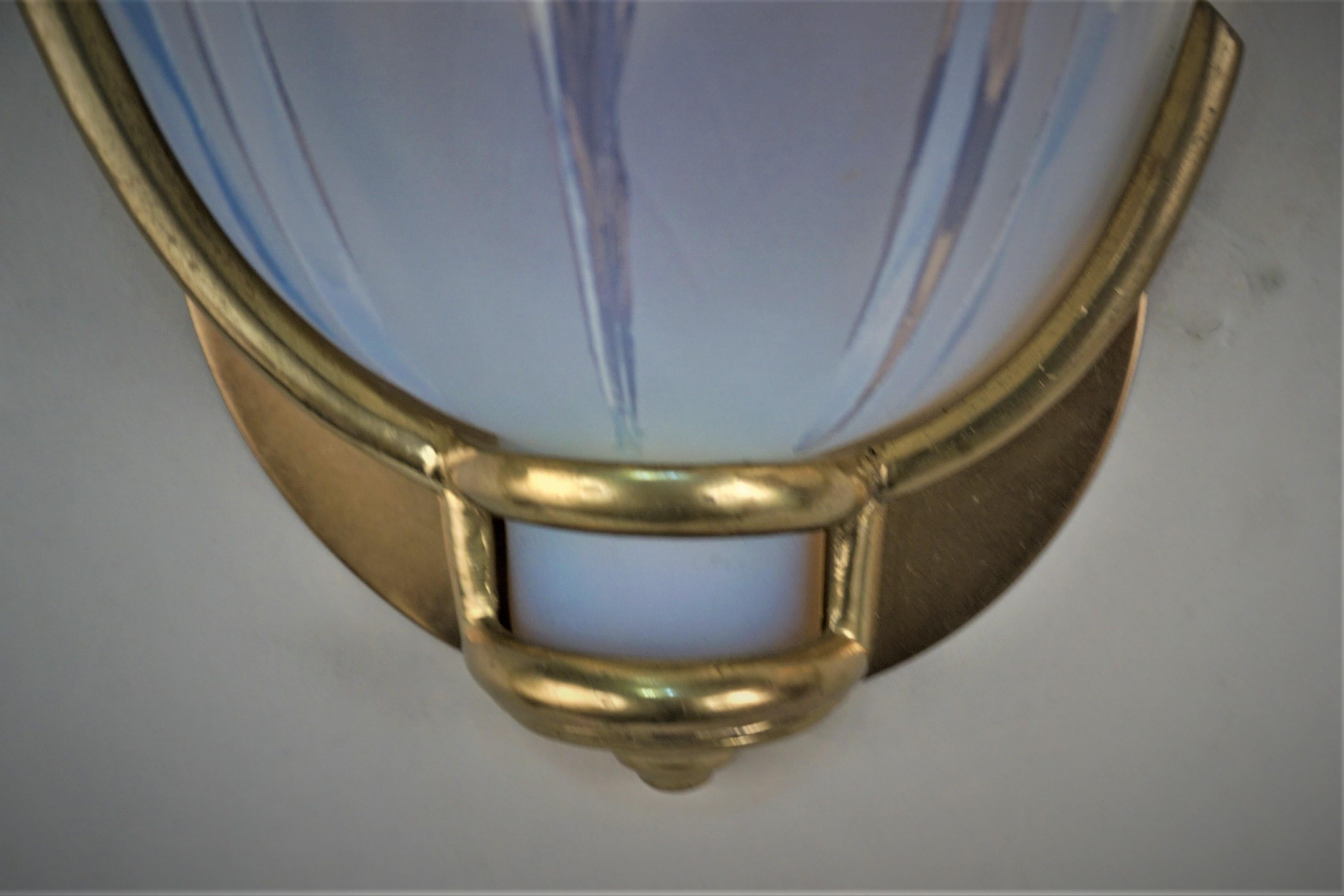 French Pair Art Deco Opalescent Glass Wall Sconces by Ezan For Sale