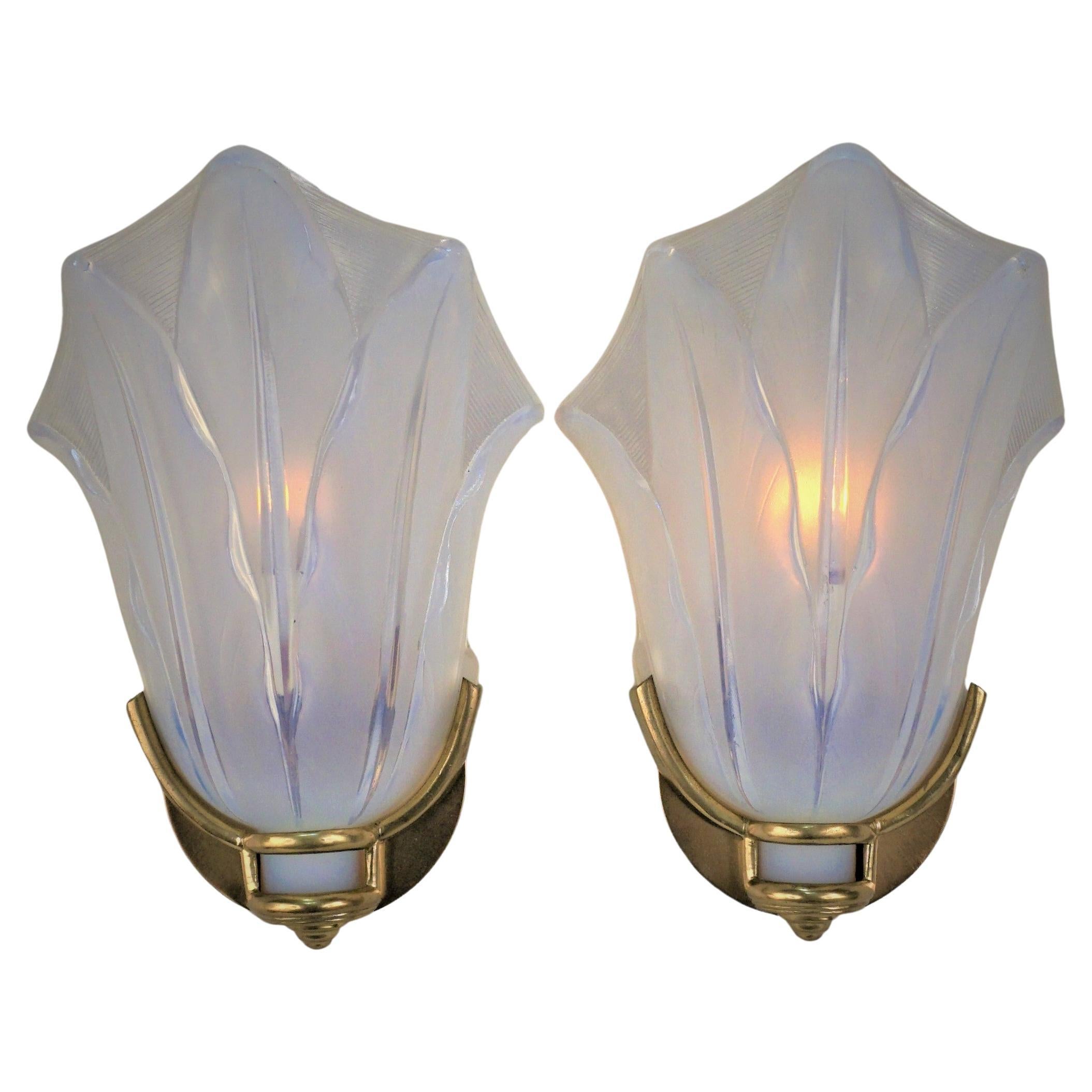 Pair Art Deco Opalescent Glass Wall Sconces by Ezan For Sale