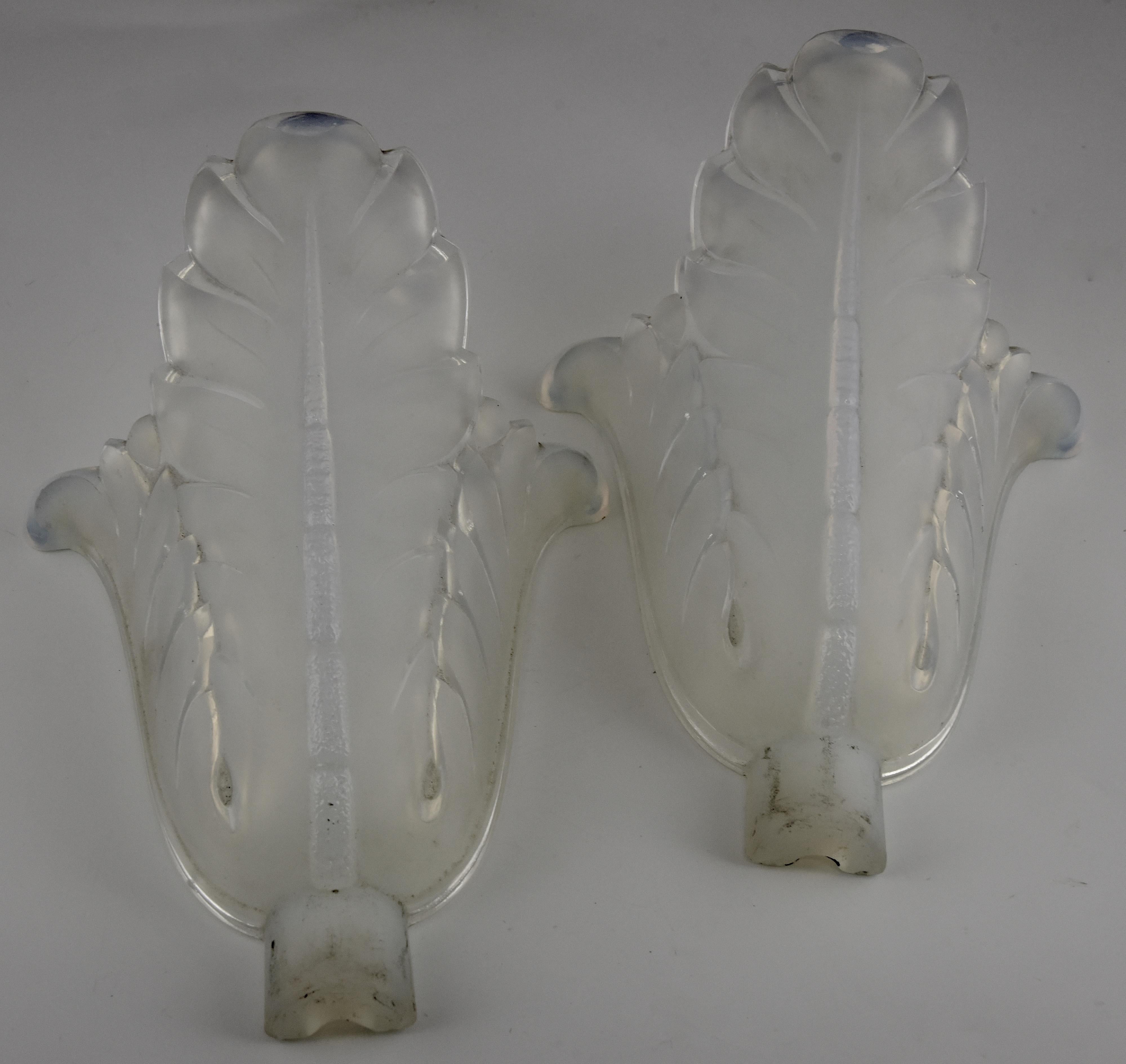 Pair Art Deco Opalescent Glass Wall Sconces  Ezan  1930 France 4