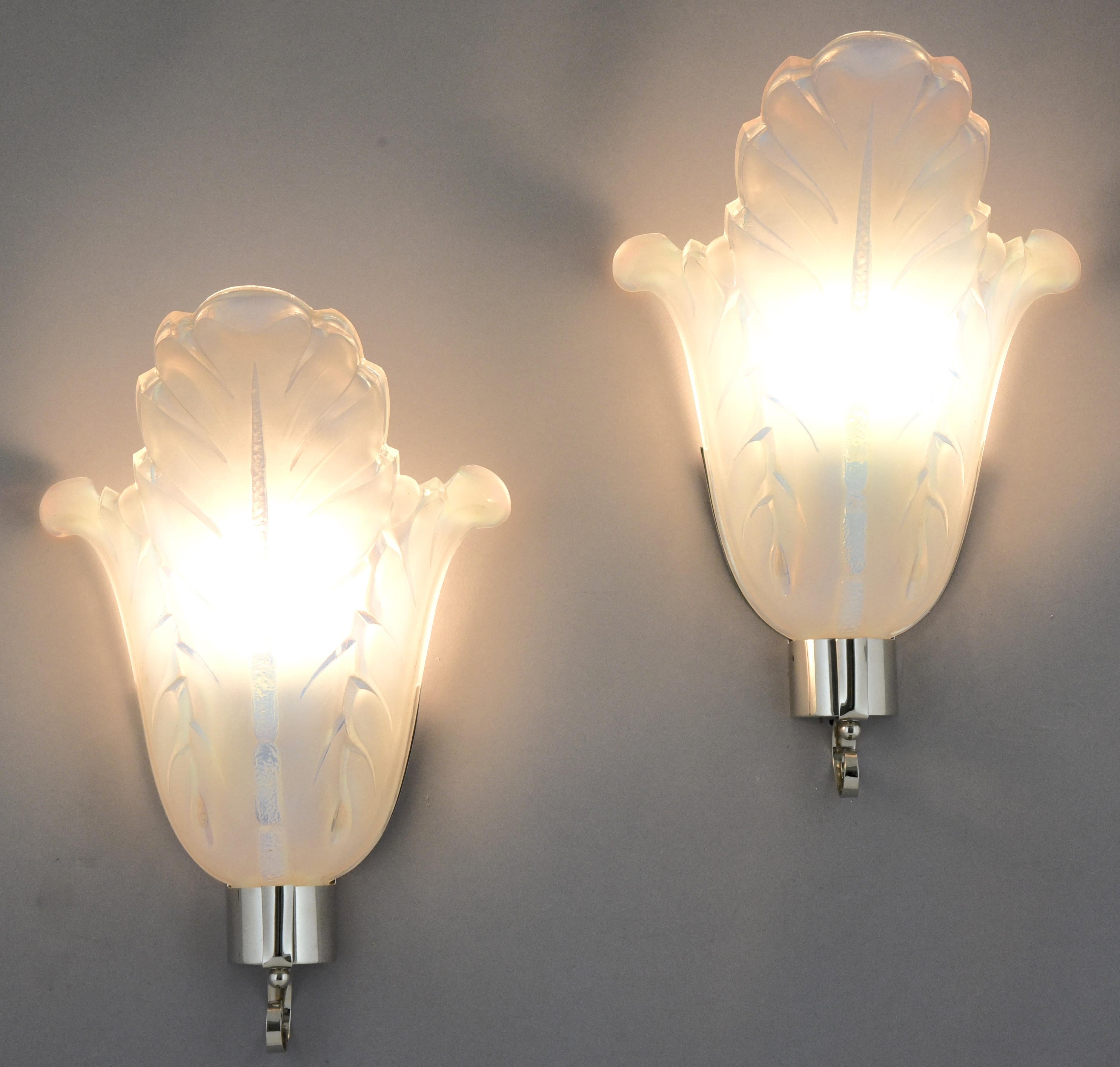 French Pair Art Deco Opalescent Glass Wall Sconces  Ezan  1930 France