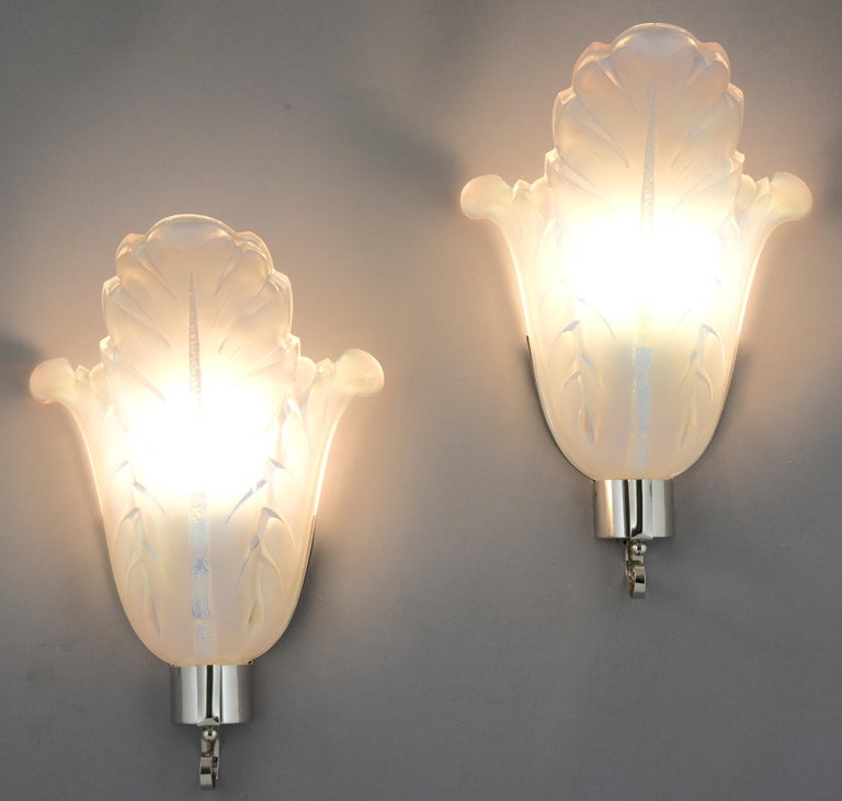 French Pair Art Deco Opalescent Glass Wall Sconces  Ezan  1930 France For Sale