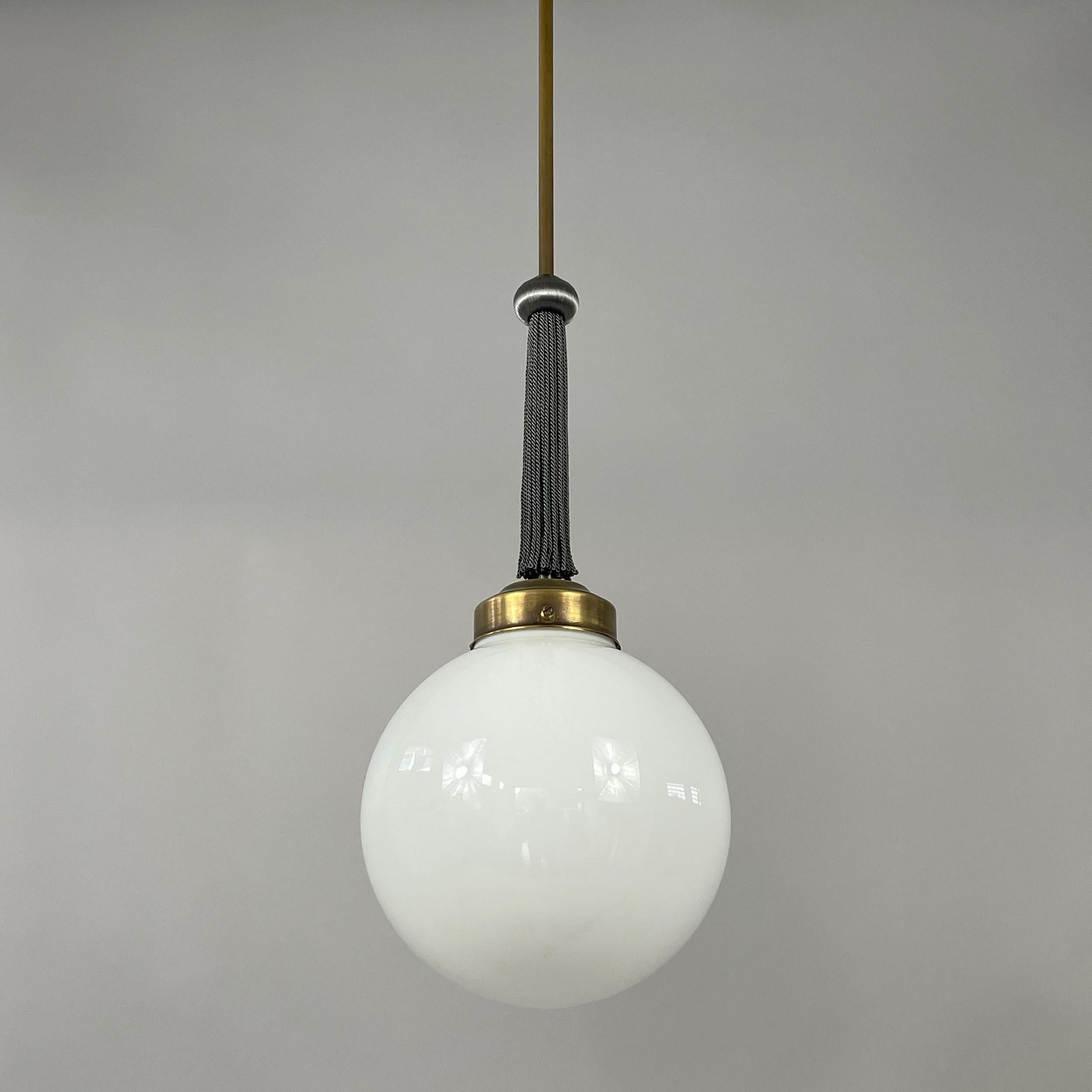 Pair Art Deco Opaline Glass, Brass & Fabric Pendants, Germany 1930s 5