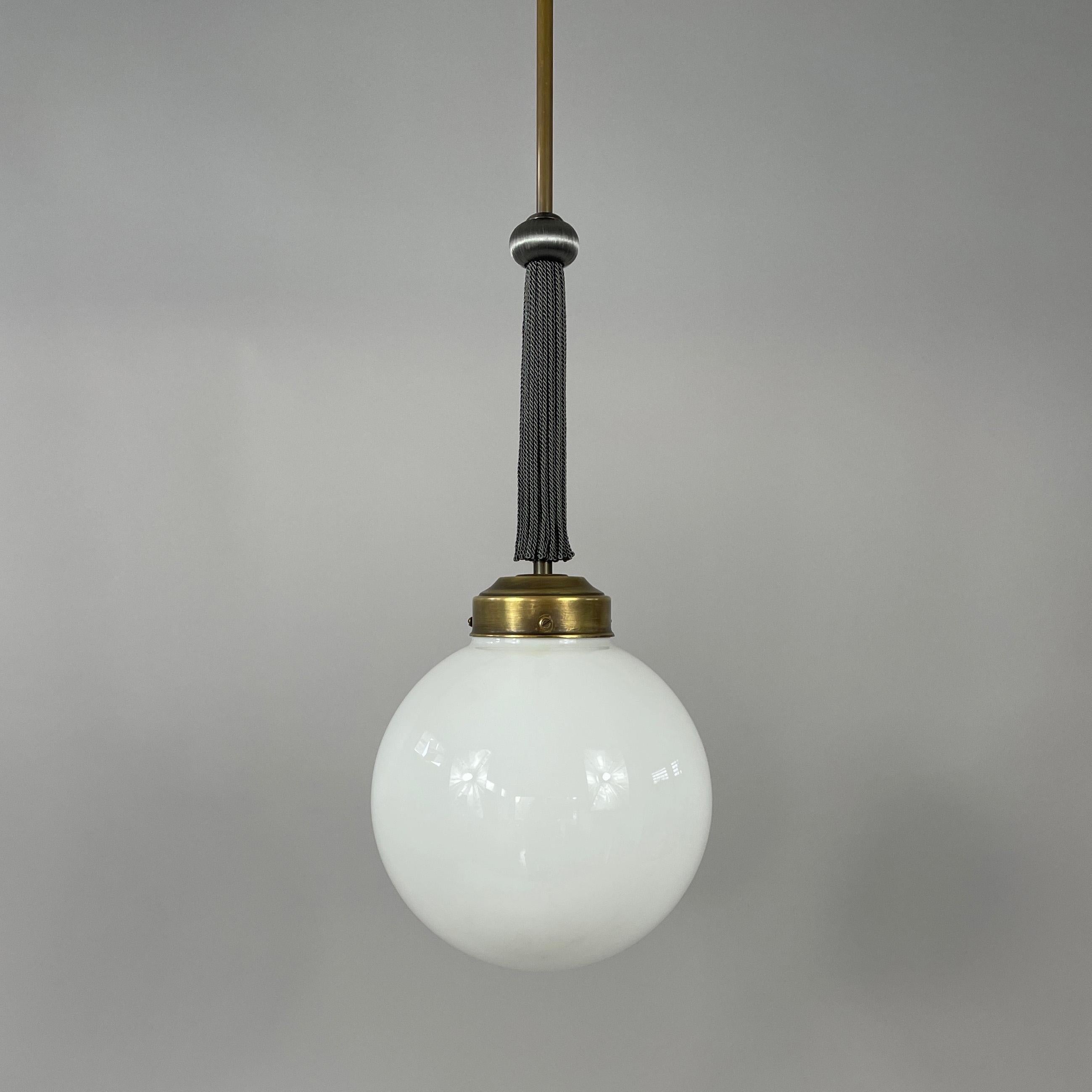 Pair Art Deco Opaline Glass, Brass & Fabric Pendants, Germany 1930s 6