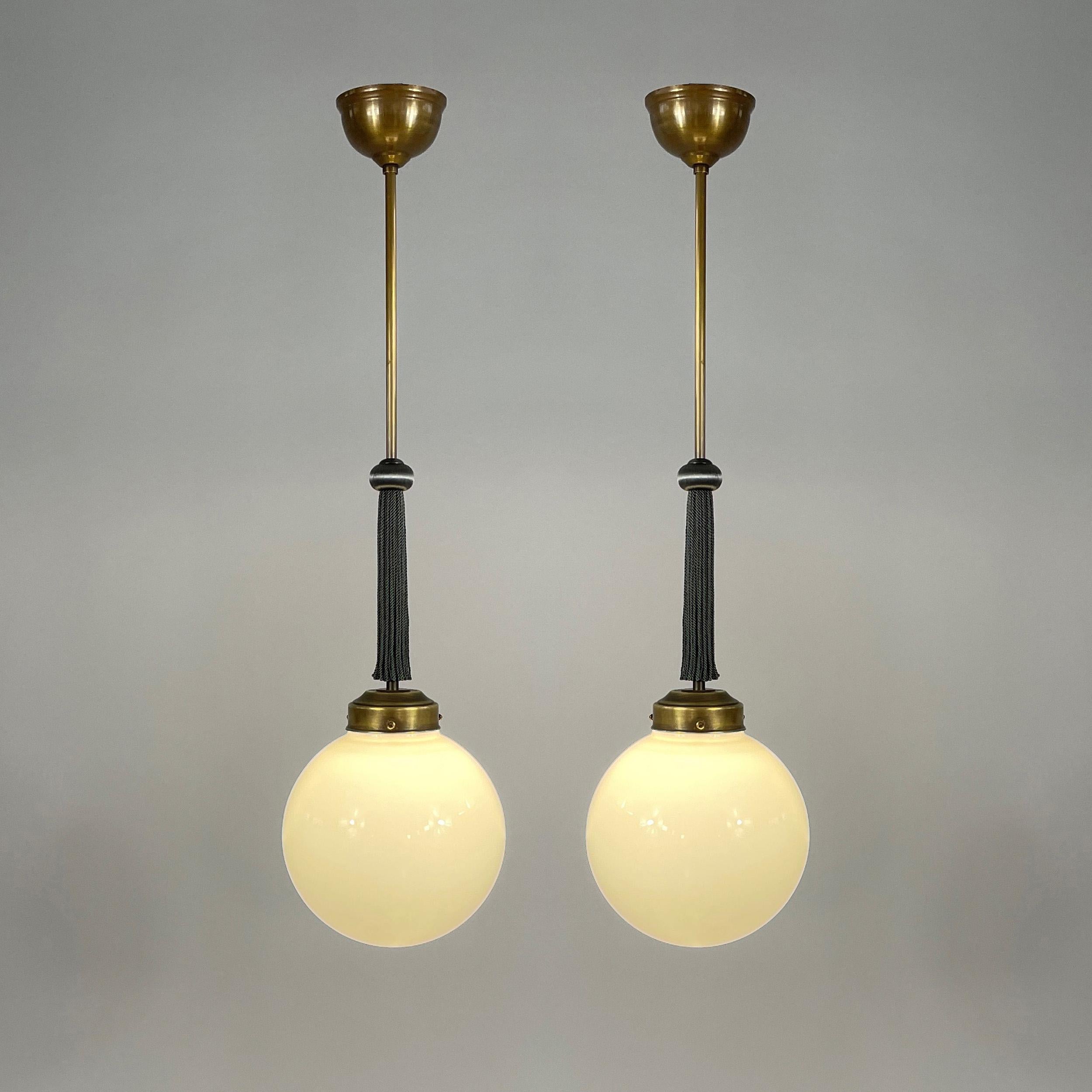 Pair Art Deco Opaline Glass, Brass & Fabric Pendants, Germany 1930s In Good Condition In NUEMBRECHT, NRW