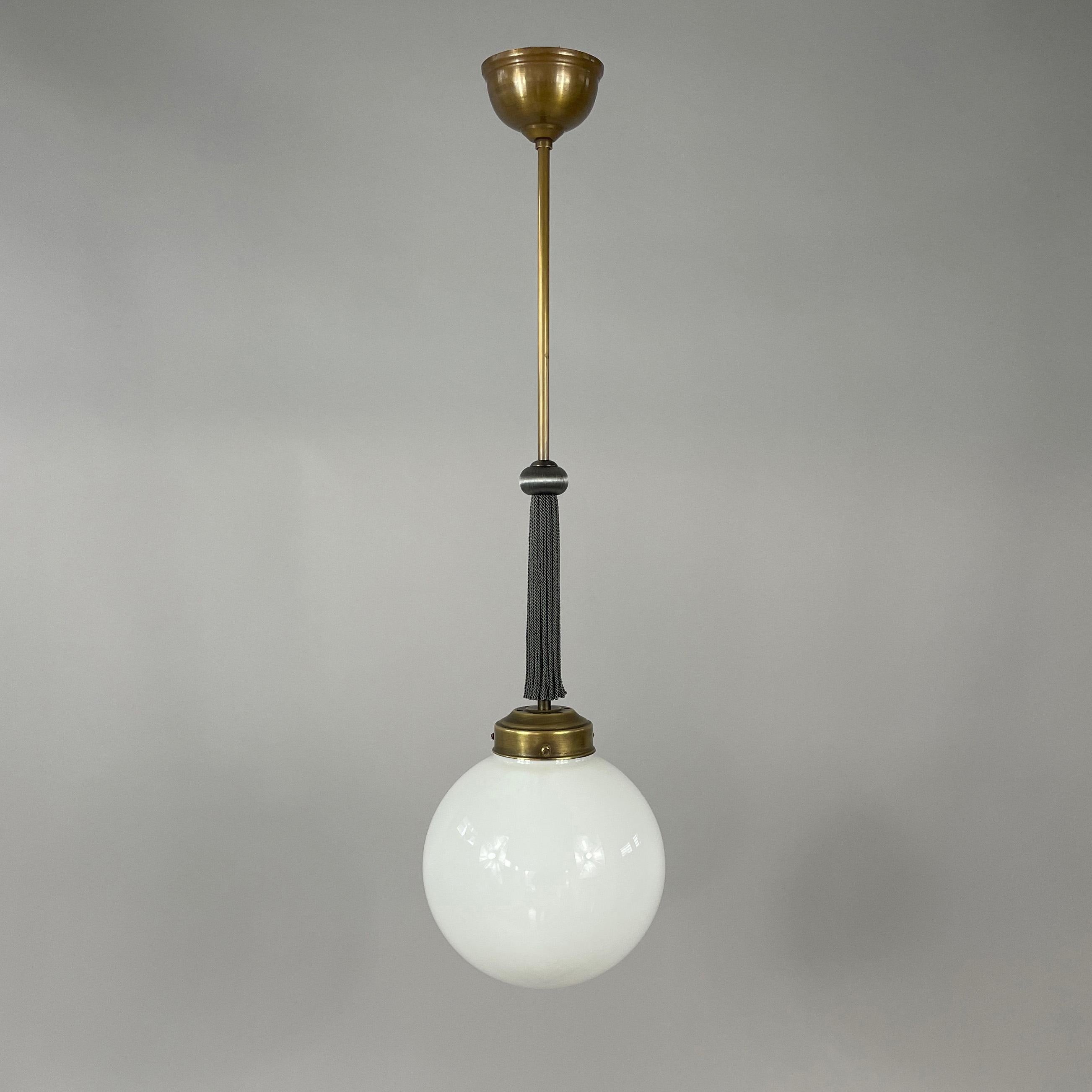 Mid-20th Century Pair Art Deco Opaline Glass, Brass & Fabric Pendants, Germany 1930s