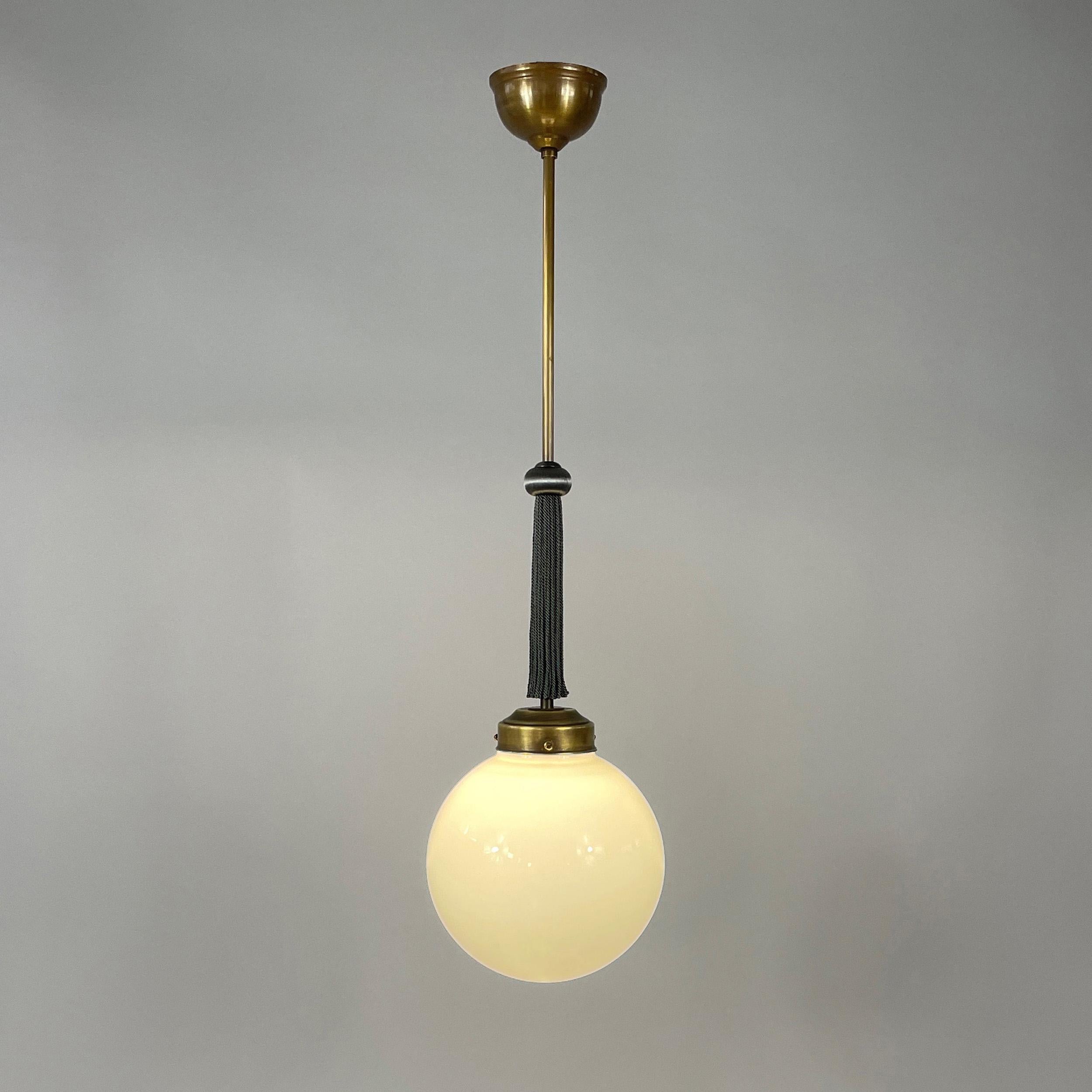 Silk Pair Art Deco Opaline Glass, Brass & Fabric Pendants, Germany 1930s