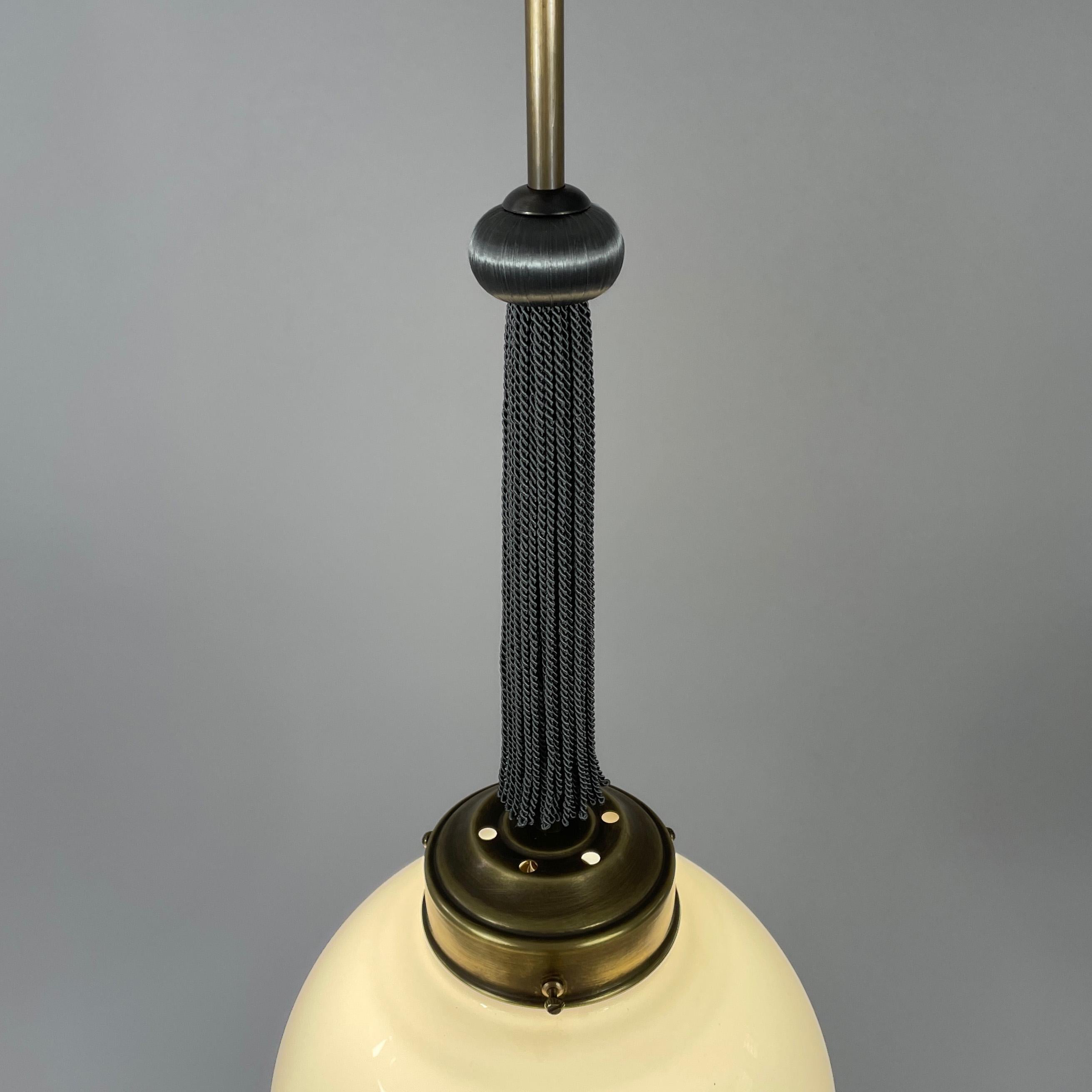 Pair Art Deco Opaline Glass, Brass & Fabric Pendants, Germany 1930s 2
