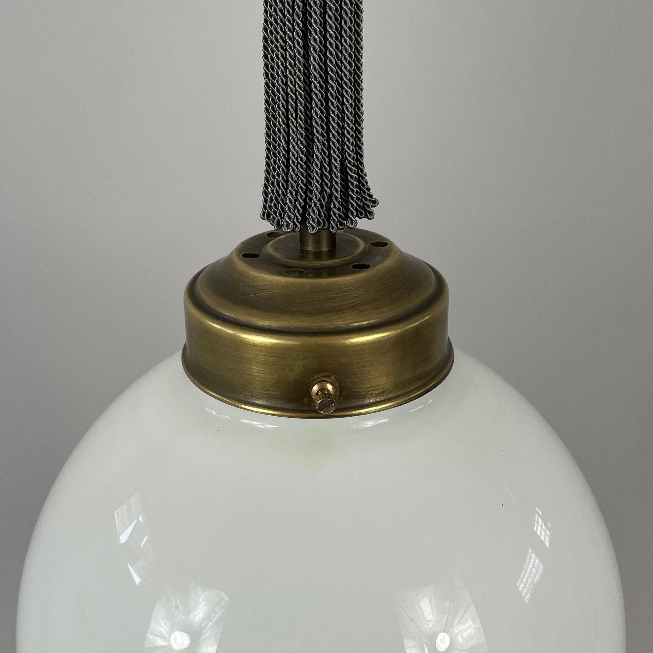 Pair Art Deco Opaline Glass, Brass & Fabric Pendants, Germany 1930s 3