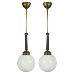 Pair Art Deco Opaline Glass, Brass & Fabric Pendants, Germany 1930s