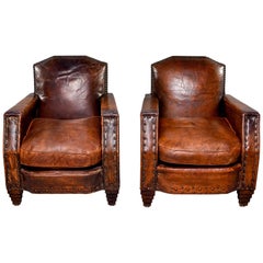 Antique Pair Art Deco Original Leather Chairs with Nail Heads